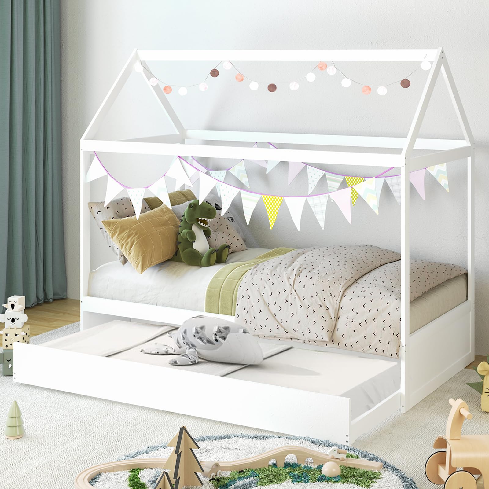 MOOITZ Toddler Floor Bed - Wooden House Bed Frame for Kids & Toddlers, No Box Spring Needed, Full Size, White - Perfect for Montessori Bedrooms, Playrooms & Cozy Kids' Spaces