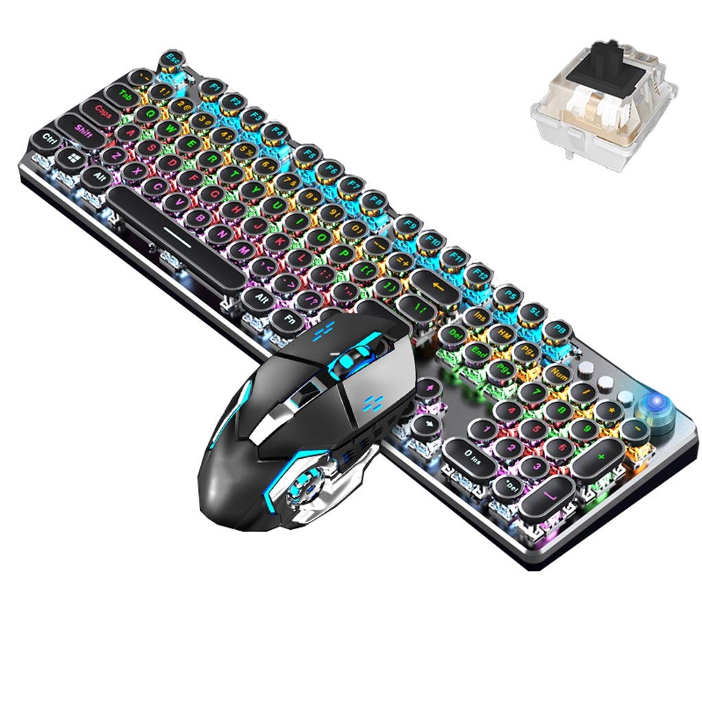 ARCH Mechanical Keyboard and Mouse Set - Green/Black/Tea Switch Gaming Keyboard with Metal Panel, Retro 104-Key Wired Keyboard for PC, Laptop & Office - Perfect for Gaming, Typing & Work (Color Light-Black Switch)