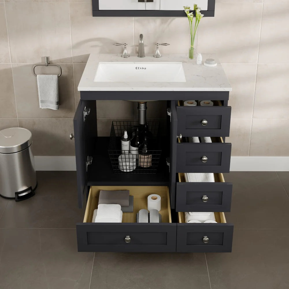 Eviva Acclaim 30 Inch Bathroom Vanity with Carrara Quartz Countertop - Modern White Bathroom Sink Cabinet for Small Spaces, Perfect for Powder Rooms and Guest Bathrooms
