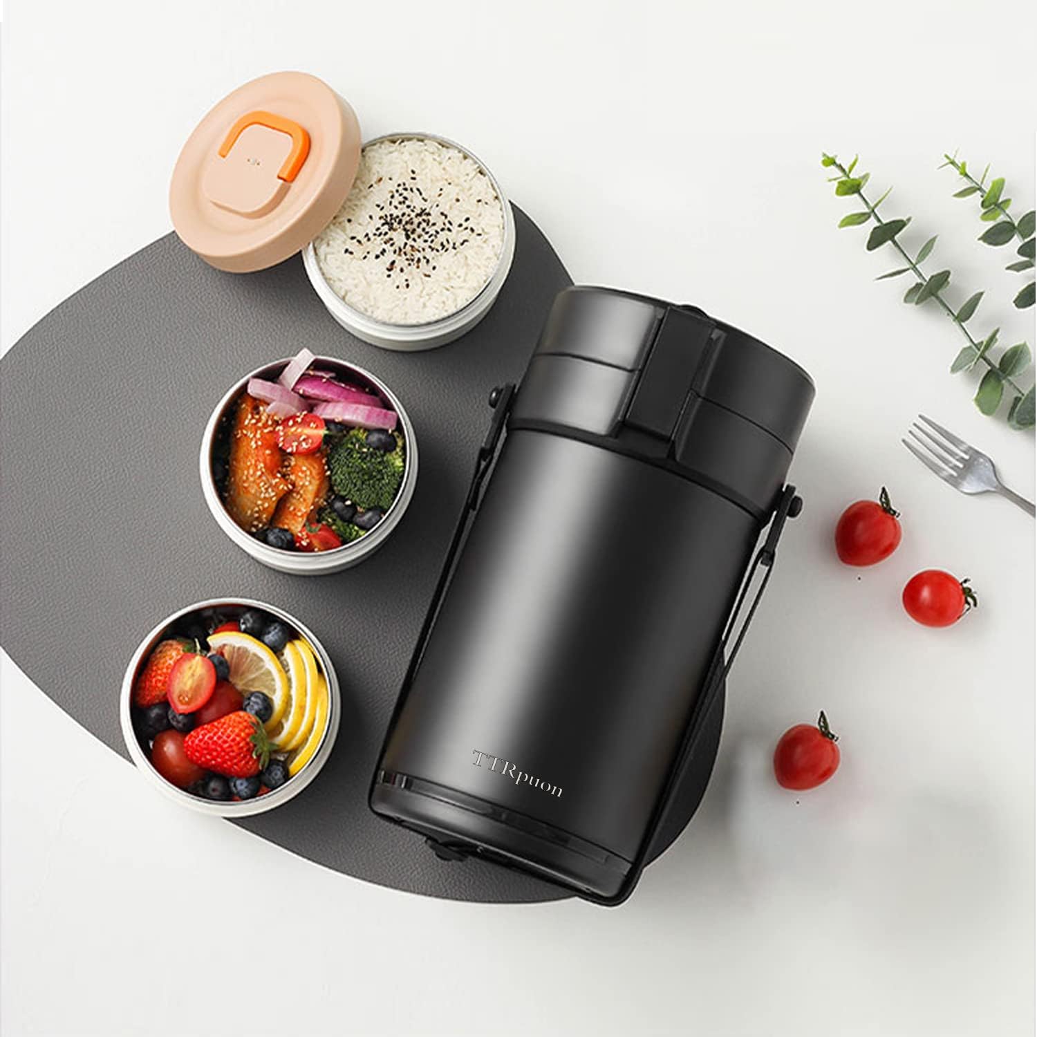 82oz Insulated Thermos Food Container - 3-Tier Stackable Wide Mouth Hot Meal Storage for Work, Office, Outdoors & Picnic - BPA-Free Leakproof Lunch Box (Black) | Perfect for Meal Prep, Camping & Travel