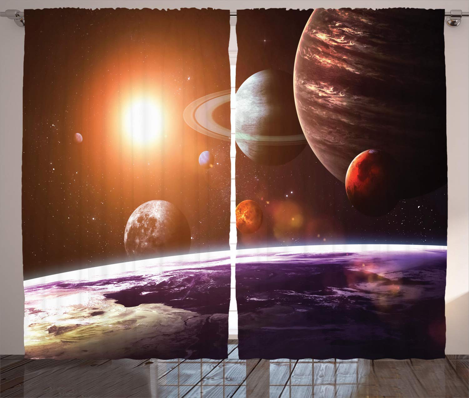 Galaxy Themed Blackout Curtains - Space & Planet Design with Sun & Moon for Bedroom & Kitchen Decor - 104x96 Inch Darkening Window Drapes in Magenta Orange - Perfect for Kids Room, Nursery, or Science Themed Home Decor