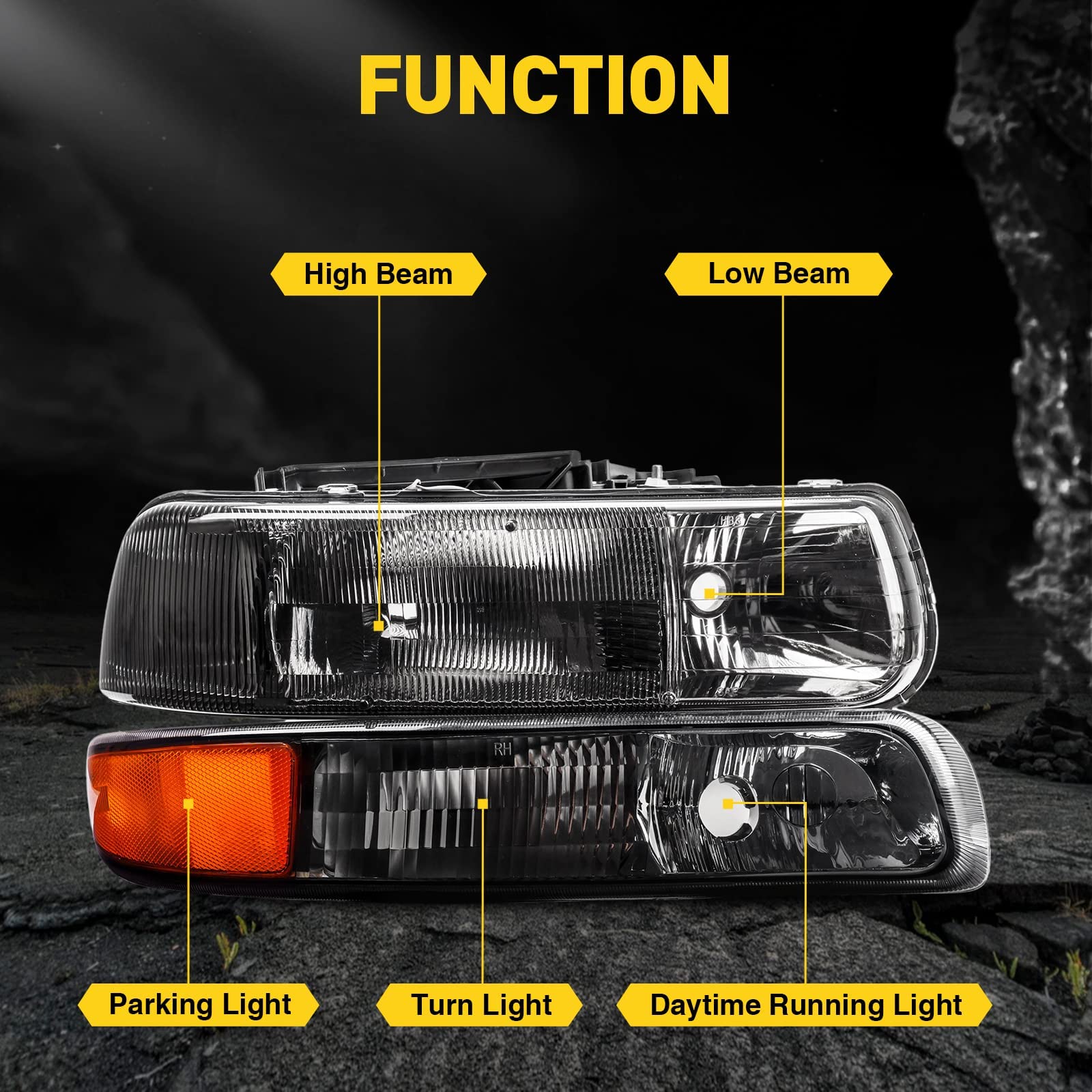 KAC Headlight Assembly Compatible with Chevy Silverado 1999-2002 - Smoked Housing Clear Corner Headlight Bumper Replacement - Upgrade for Night Driving & Off-Road Adventures