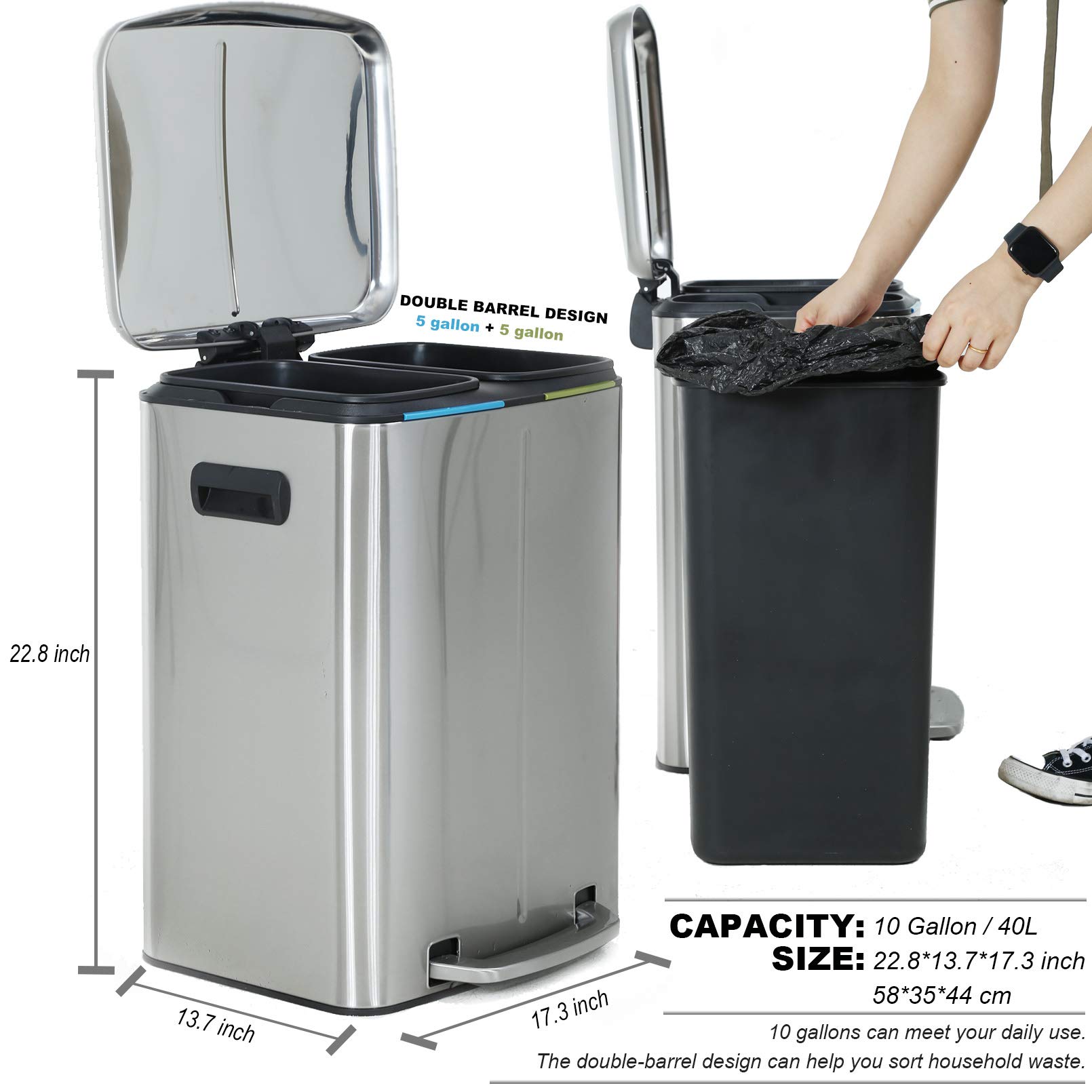 10 Gallon 40L Stainless Steel Step Trash Can with Lid - Heavy Duty Metal Garbage Bin for Office, Kitchen, Bathroom & Outdoor Use - Includes 2 Removable Liner Buckets for Easy Waste Disposal & Recycling