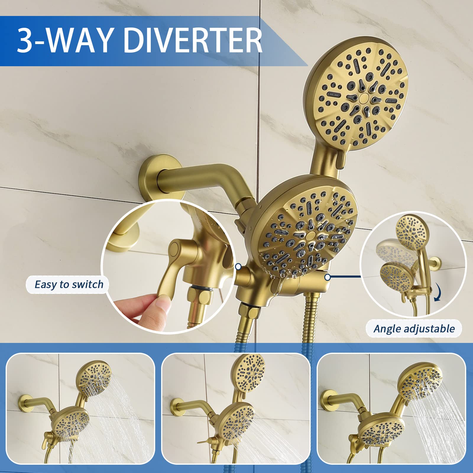 Brushed Gold Dual Shower Faucet Set with Tub Spout - Complete Shower System with Rainfall Shower Head & Handheld Sprayer - Perfect for Bathroom Renovation & Modern Home Upgrade