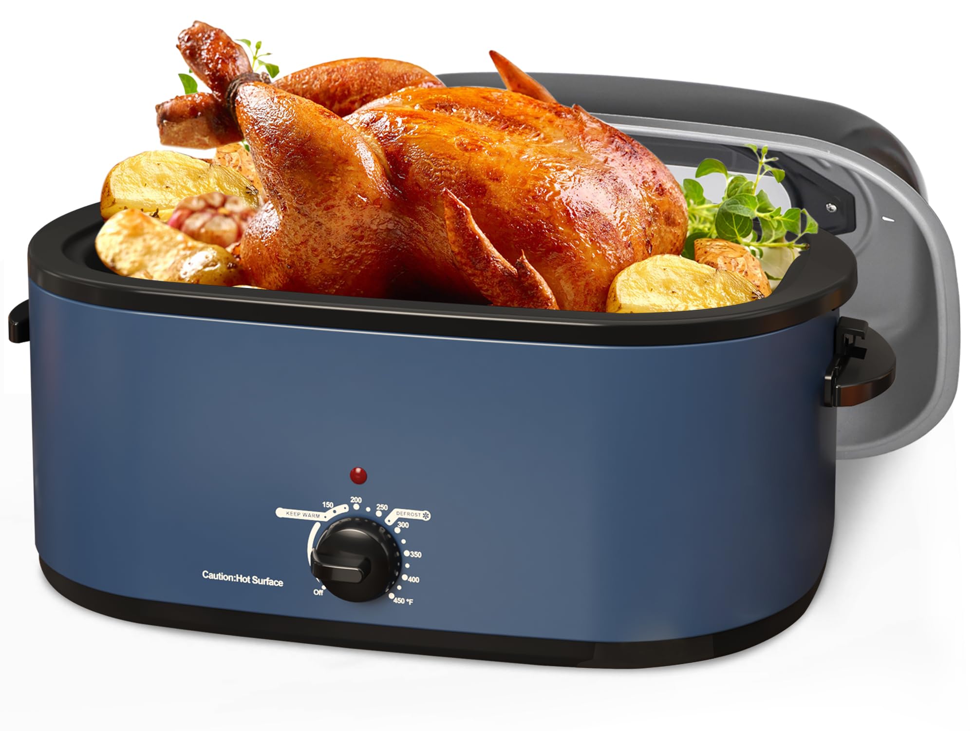 26QT Electric Roaster Oven with Viewing & Self-basting Lid, Stainless Steel Turkey Roaster Oven in Blue – Perfect for Holiday Feasts and Family Gatherings