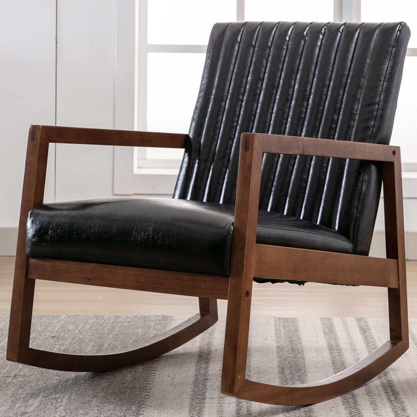VESCASA Mid-Century Modern Upholstered Rocking Chair - Channel-Tufted Back, Oil Wax PU Leather & Black Walnut Wood Frame - Comfortable Nursery, Living Room, Bedroom Rocker (Black) | Perfect for Nursing, Relaxing & Home Decor