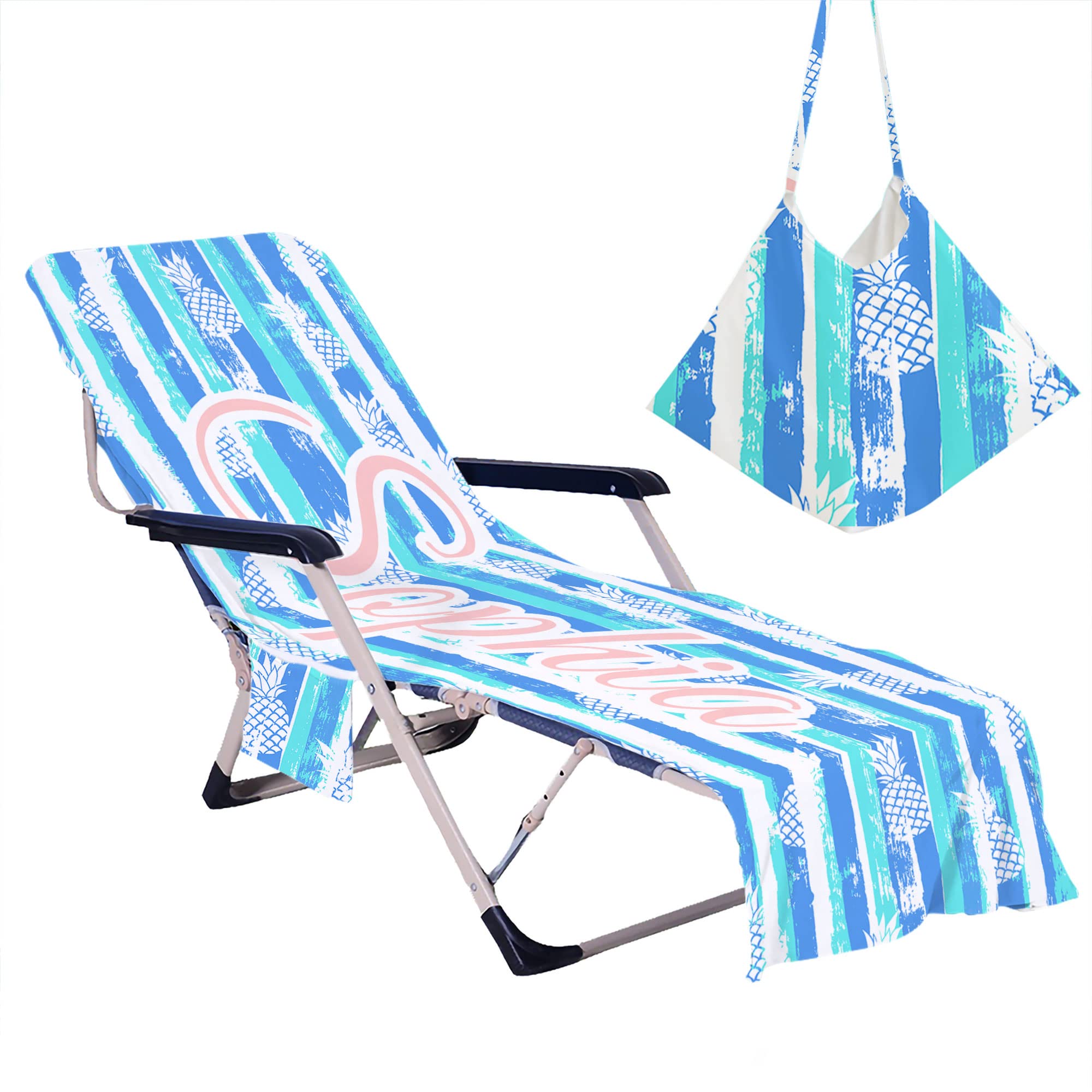 Custom Personalized Beach Chair Cover with Side Pockets - Thick Quick-Dry Chaise Lounge Towel Cover for Pool, Garden, Beach & Hotel - Pineapple Design (82.6