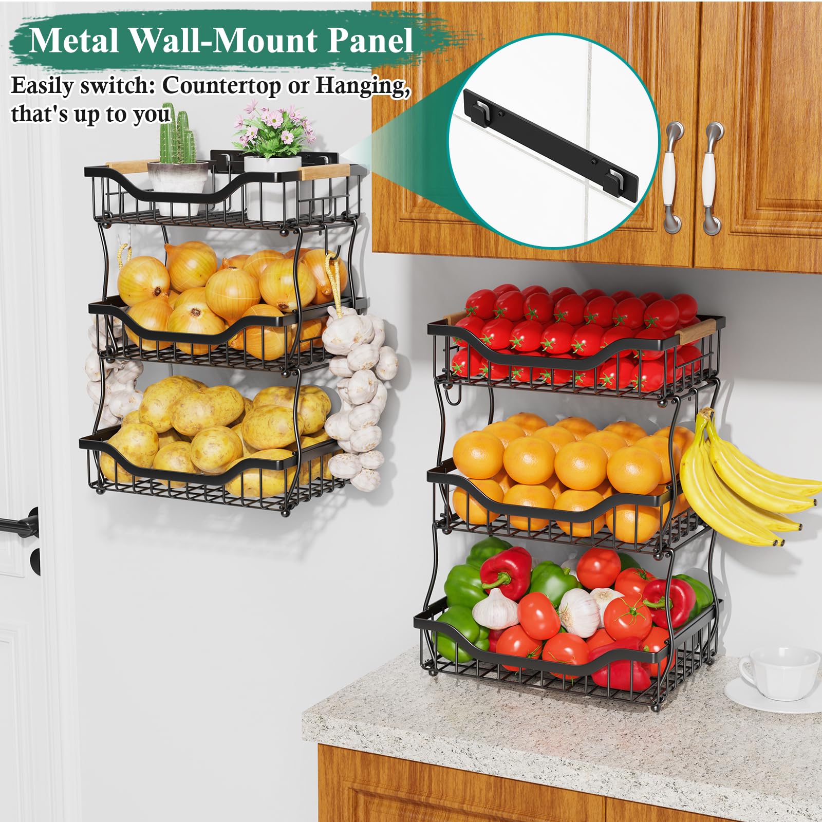 3-Tier Fruit Basket with Banana Hangers - Wall Mount & Countertop Kitchen Organizer for Fruits, Vegetables, Bread, Snacks - Perfect for Small Kitchen Storage & Pantry Organization (Ideal for Apartments, Dorms & Counter Space Saving)