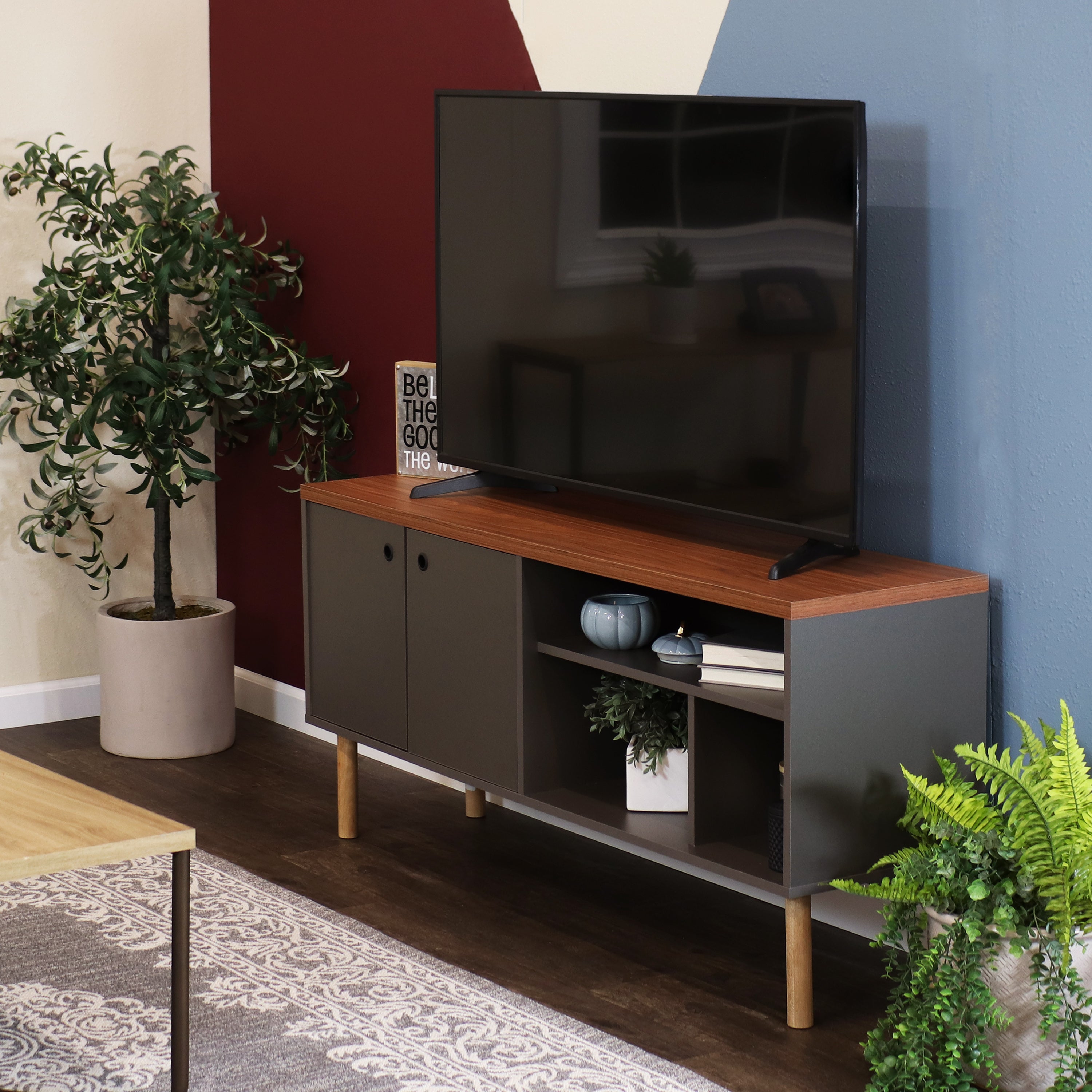 Mid Century Modern TV Stand for 55 Inch TV - Solid Wood Entertainment Center with Storage - Perfect for Living Room, Bedroom & Home Theater Setup