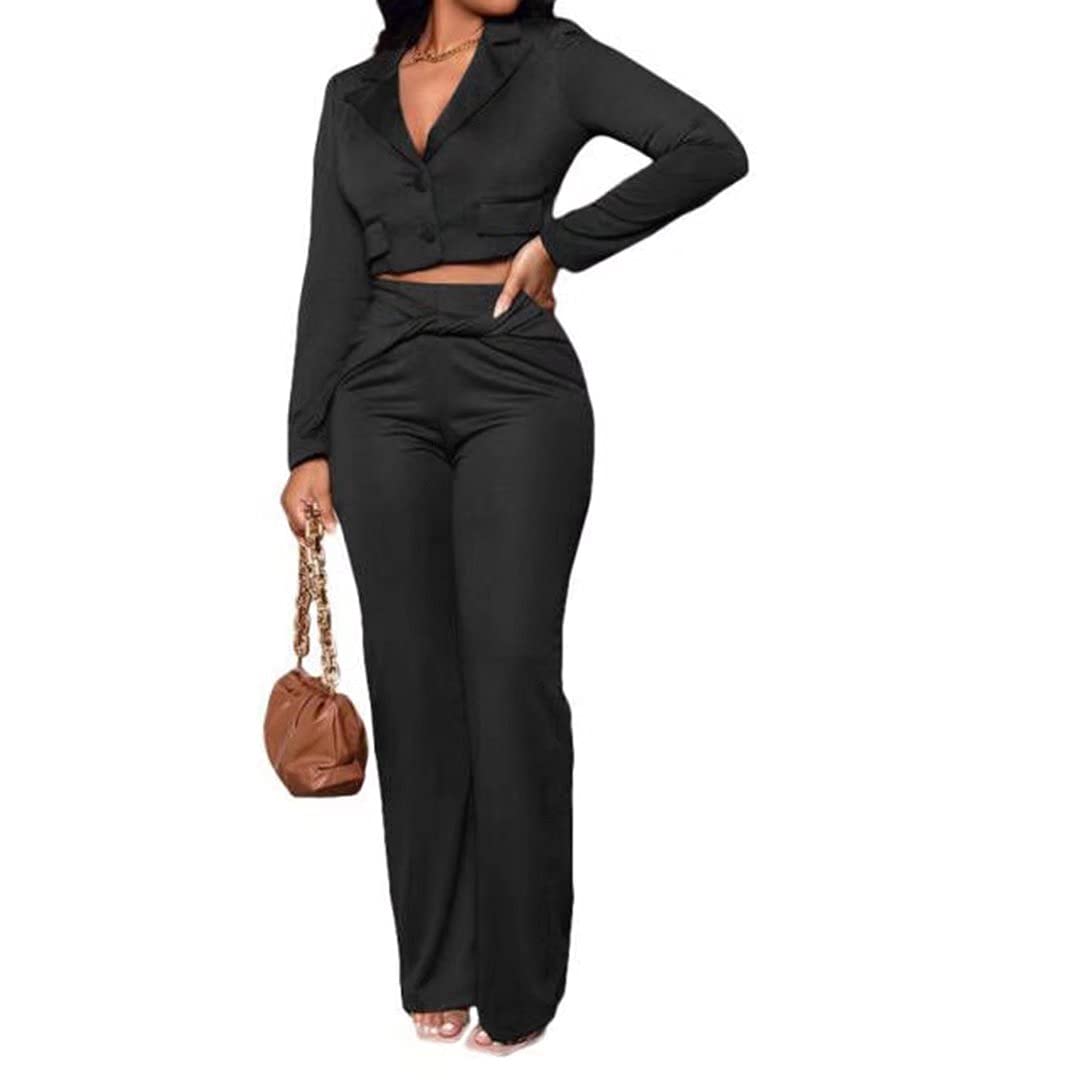 Stylish Women's 2-Piece Outfit Set - Cropped Blazer Jacket & Twist Wide Leg Pants | Business Casual Suit for Office, Dating & Special Occasions