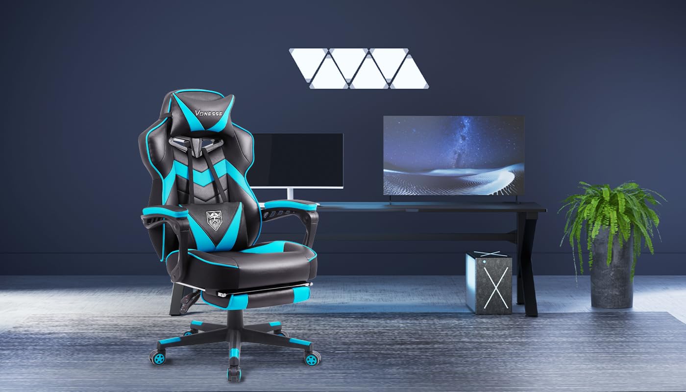 Vonesse Ergonomic Gaming Chair with Adjustable Footrest - Big & Tall Computer Chair for Adults - High Back Reclining Office Chair with Lumbar Massage - Cyan/Black - Perfect for Esports, Streaming & Home Office