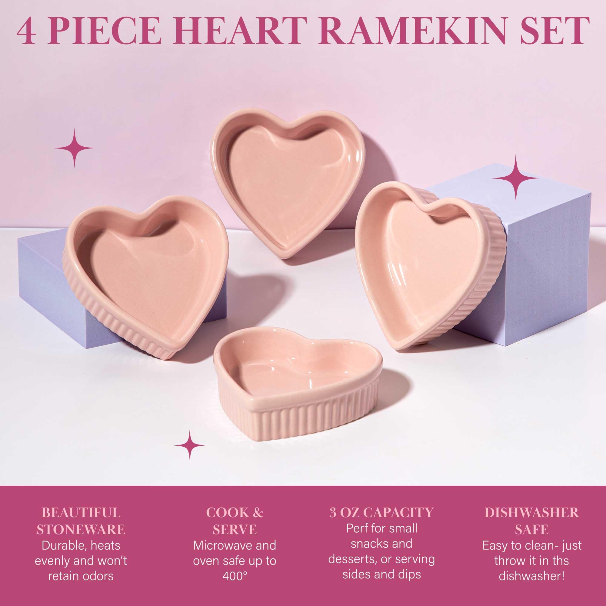 Paris Hilton Heart Shaped Ramekin Set - 4-Piece Mini Ceramic Baking Dishes | Oven & Dishwasher Safe Stoneware | PFOA-Free | Perfect for Valentine's Day Desserts, Romantic Dinners & Party Appetizers (Pink)
