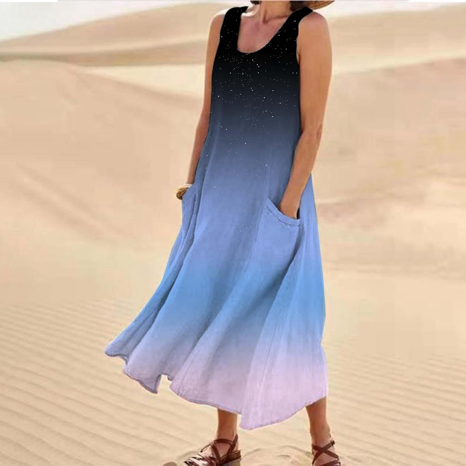 2024 Women's Summer Dresses - Casual Cotton Linen Sleeveless Maxi Dress with Pockets | Flowy Beach Tank Dress for Vacation, Outdoor & Daily Wear