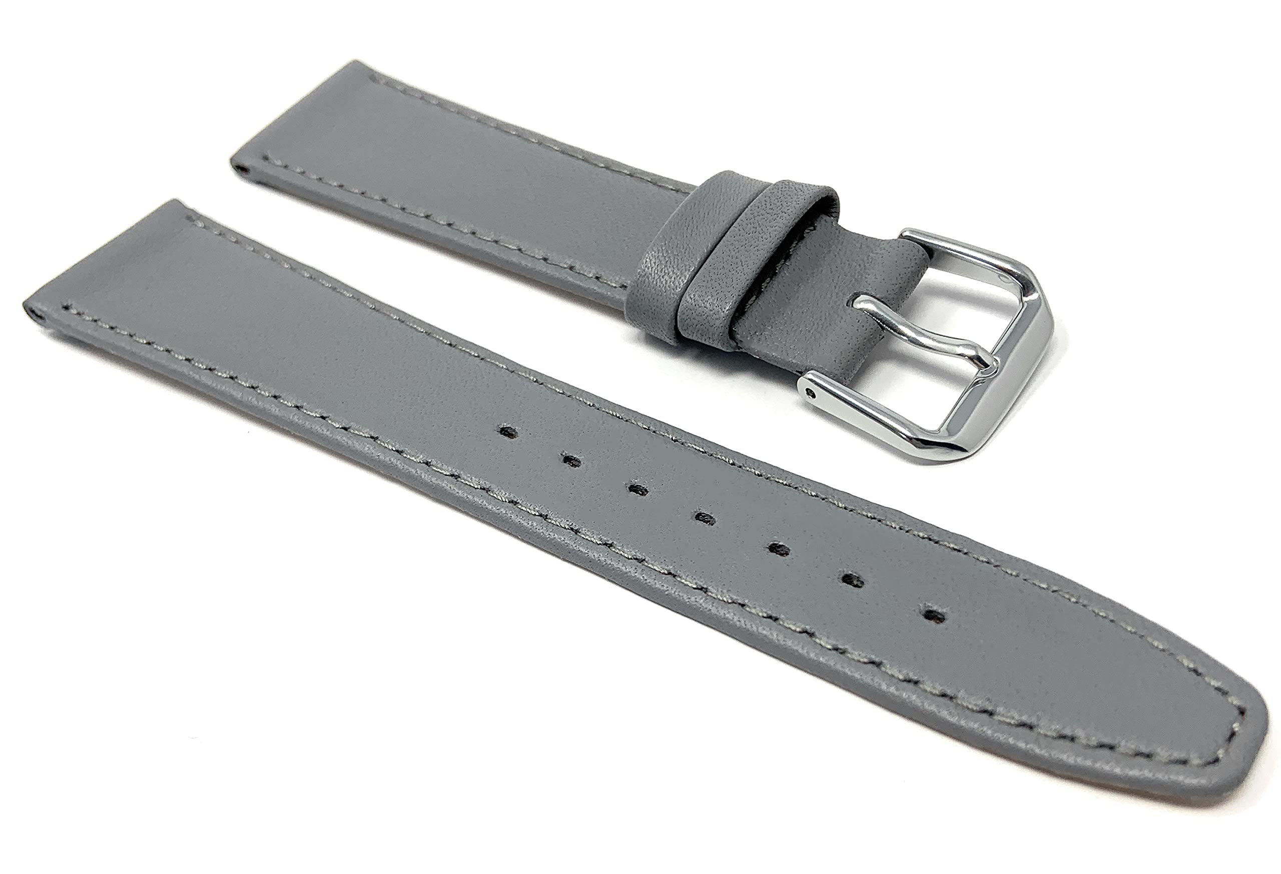 Bandini Extra Long 16mm Women's Leather Watch Band Strap - Grey/Gray with Stitching - Classic Slim Design for Apple Watch & Smartwatches - Perfect for Office, Casual & Formal Occasions
