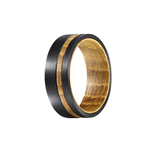 **8mm Black Tungsten & Reclaimed Bourbon Wood Wedding Band for Men - Comfort Fit Whiskey Barrel Ring - Unique Anniversary Gift for Him - Perfect for Outdoor, Casual & Formal Occasions**