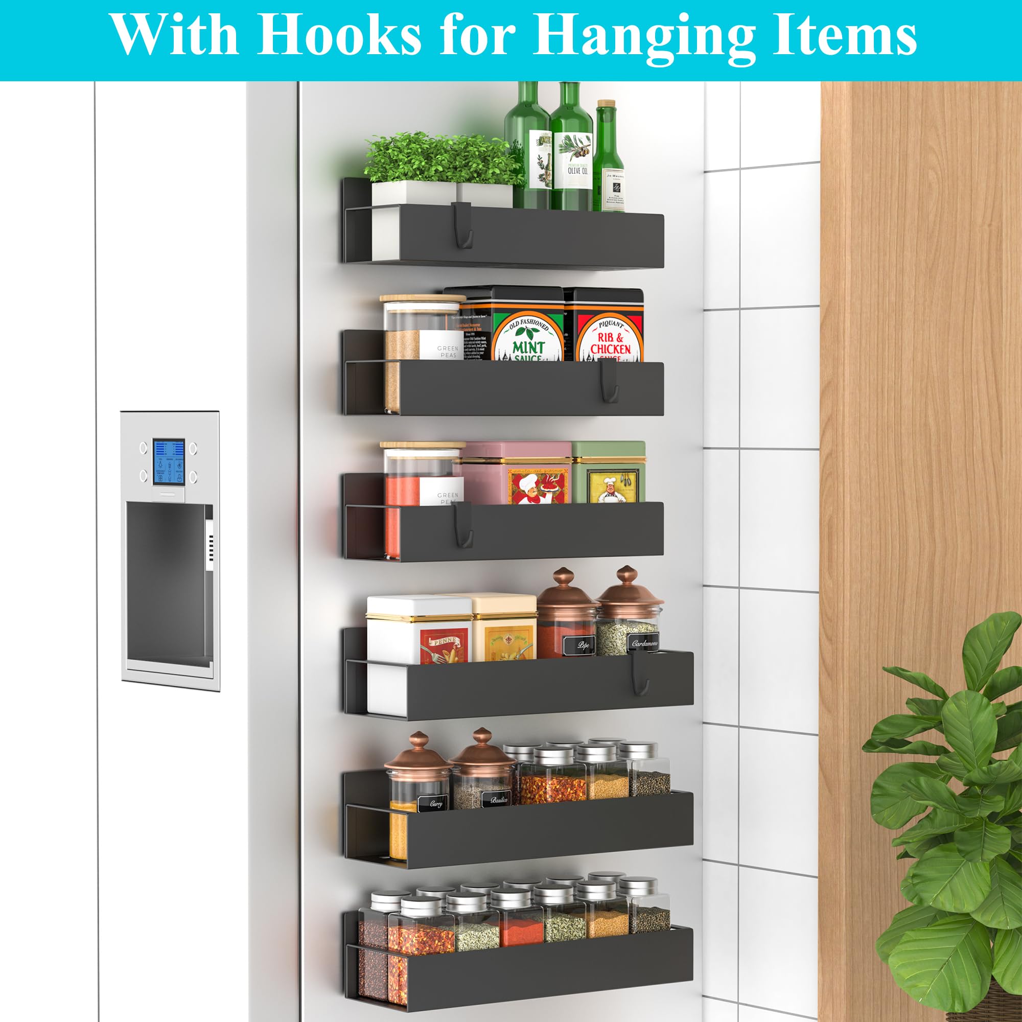 6 Pack Magnetic Spice Rack Organizer for Refrigerator & Oven - Space Saving Black Fridge Storage Solution for Kitchen, Pantry & Spice Organization