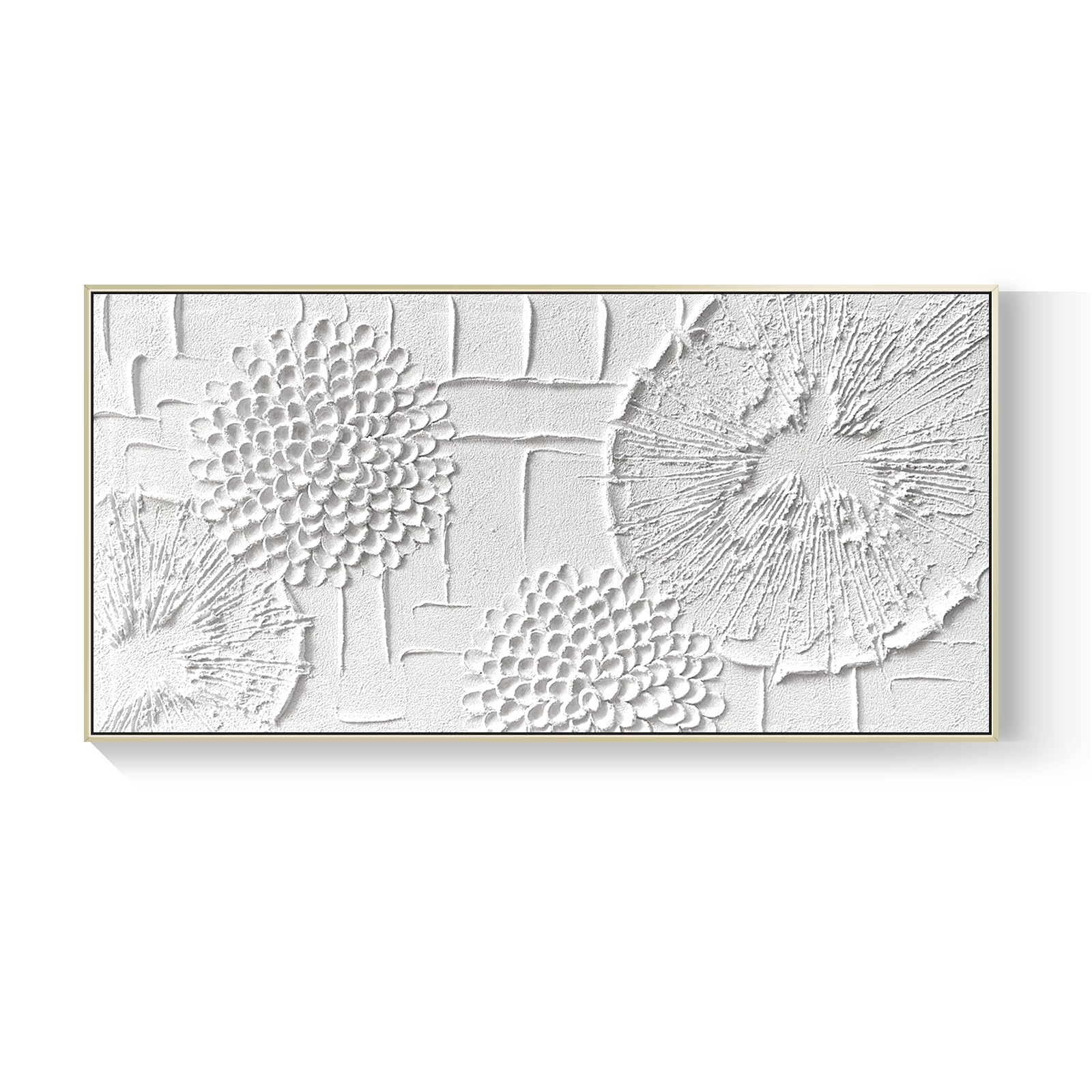 Large White Textured Canvas Wall Art - Hand Painted 3D Dandelion Oil Painting Wabi Sabi Minimalist Gold Framed Artwork (48x24 Inches) - Perfect for Living Room, Bedroom & Office Wall Decor | Modern Boho Home Aesthetic