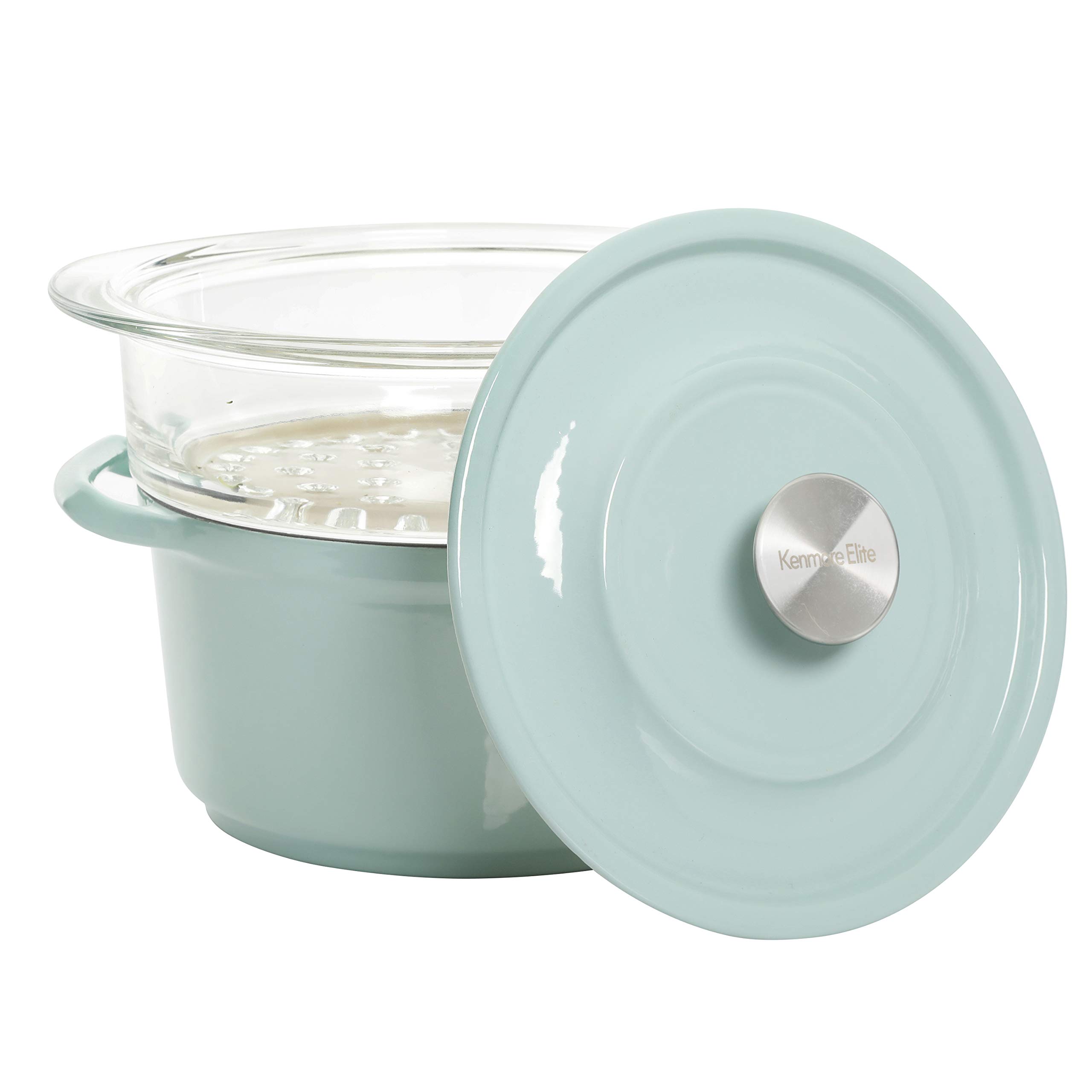 Kenmore 5-Quart Cast Iron Dutch Oven with Lid & Steamer - Glacier Blue | Heavy Duty Enameled Cookware for Baking, Braising & Steaming | Perfect for Soups, Stews & Family Meals