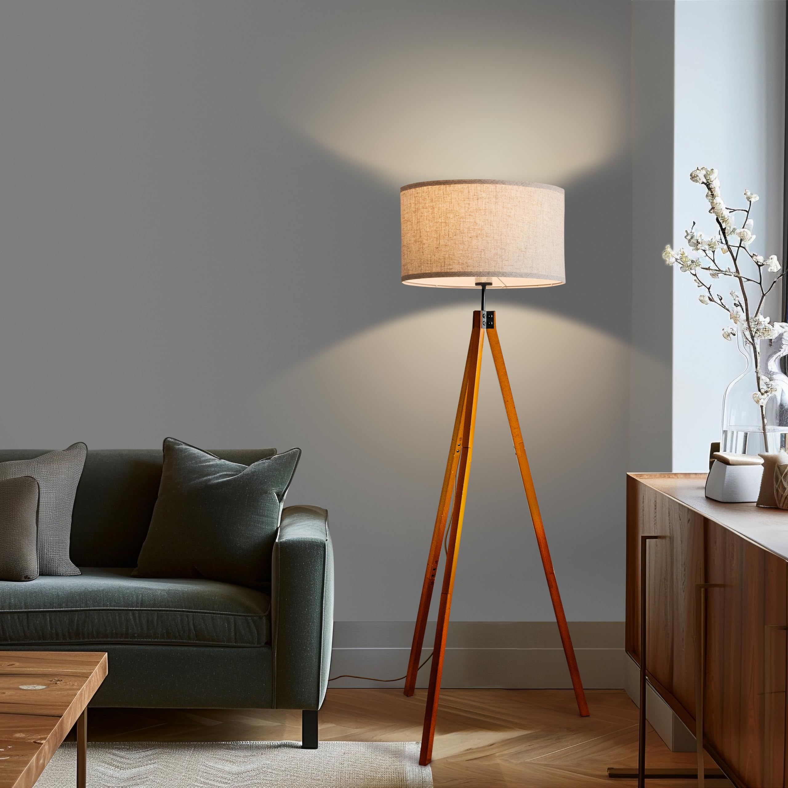 Brightech Eden Tripod Floor Lamp - Dimmable LED Standing Lamp with Solid Wood Legs for Bedroom, Office & Living Room | Modern Tree Lamp for Reading & Home Decor in Havana Brown | Perfect for Cozy Nights & Workspaces