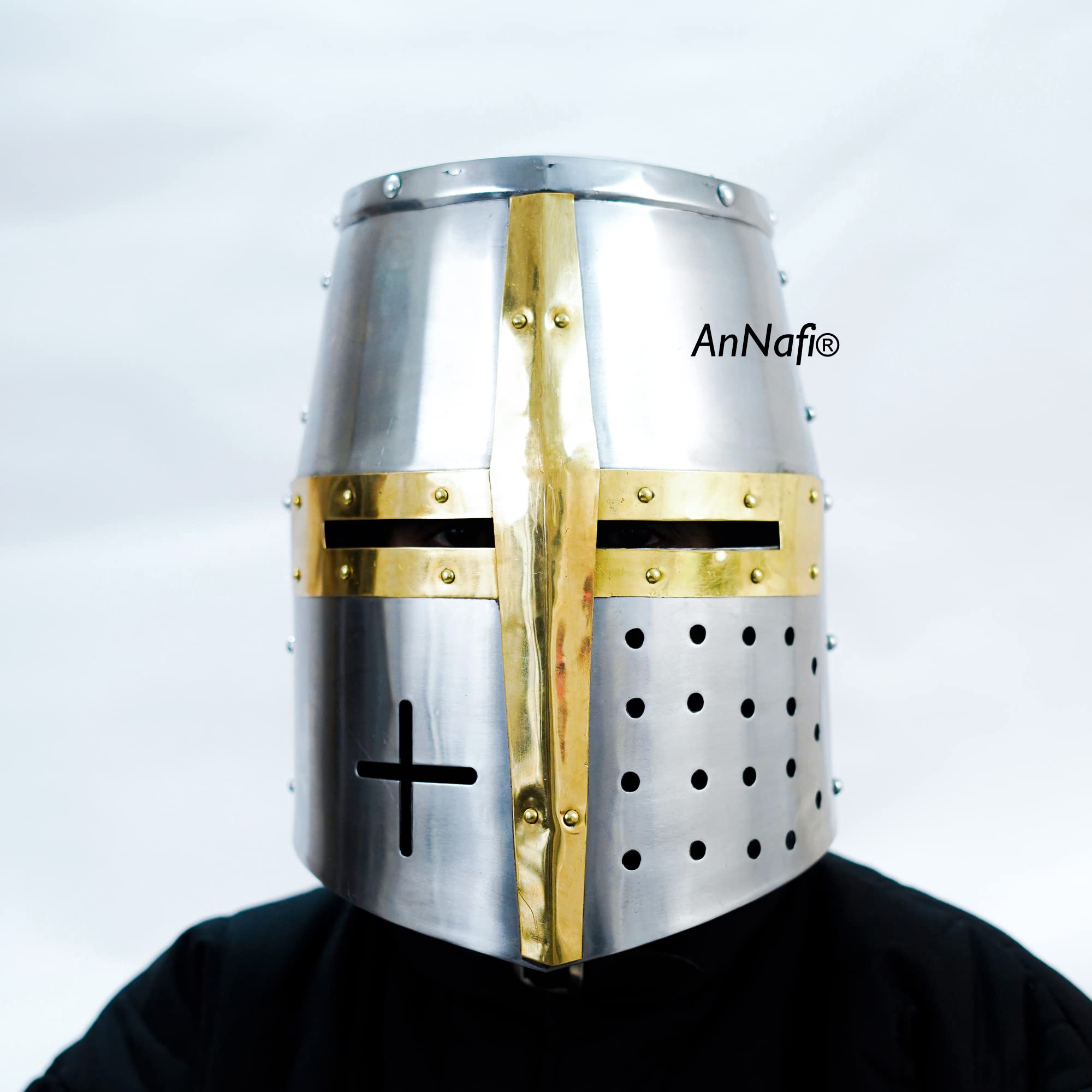 AnNafi® Medieval Templar Crusader Knight Armor Helmet with Wooden Stand - Greek Roman Spartan Armor Replica - Silver & Gold Plated Collectible Helmet for History Enthusiasts, Cosplay, and Home Decor