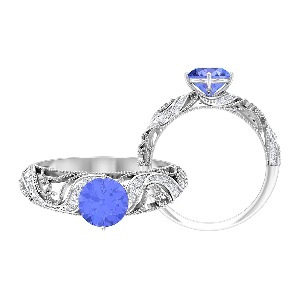 1.50 Carat Tanzanite & Moissanite Vintage Ring for Women - 6.50mm Round Cut Gemstone in 14K Solid Gold - Elegant Jewelry for Weddings, Anniversaries & Special Occasions