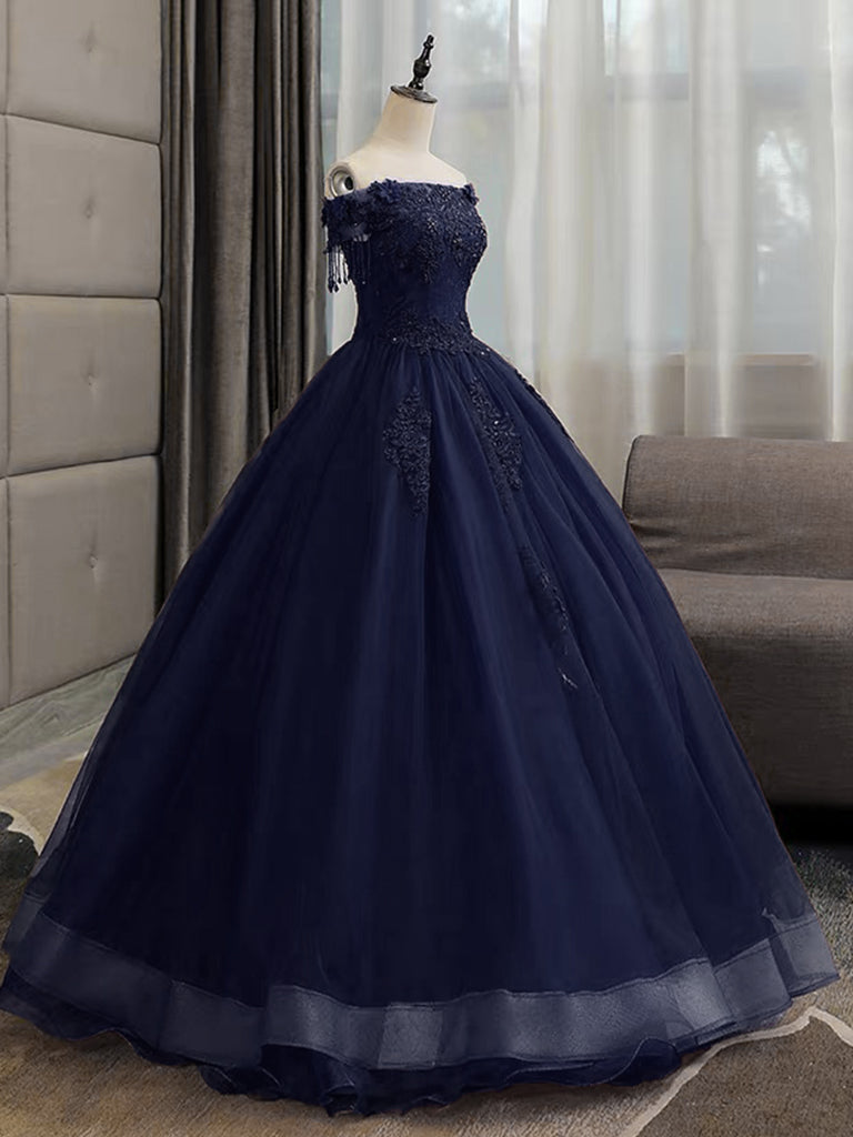 Elegant A-Line Tulle Lace Dark Blue Long Prom Dress for Sweet 16, Homecoming & Formal Events - Plus Size Available