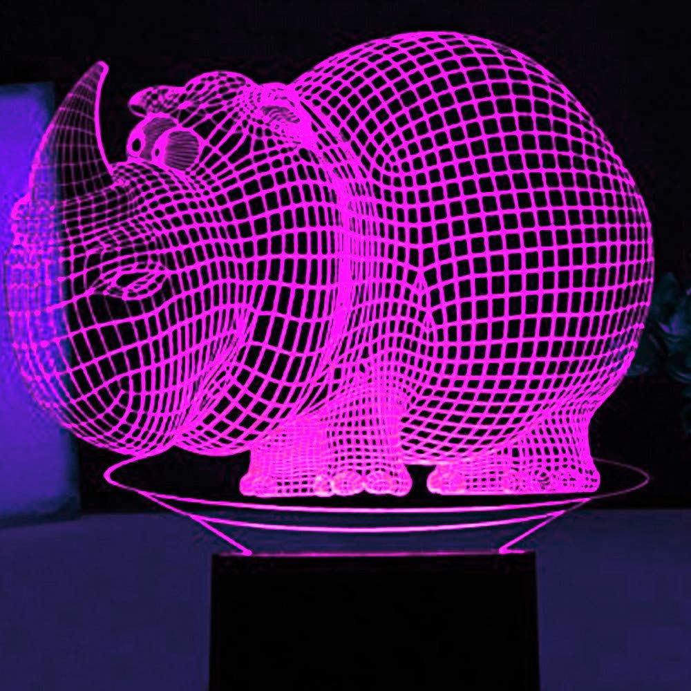 3D Rhinoceros & Hippo LED Night Light with Touch Switch - 7 Color Changing Optical Illusion Desk Lamp for Kids Room, Nursery, Birthday Gift | Christmas Decor, Home Office Lighting, Children's Bedroom Decor