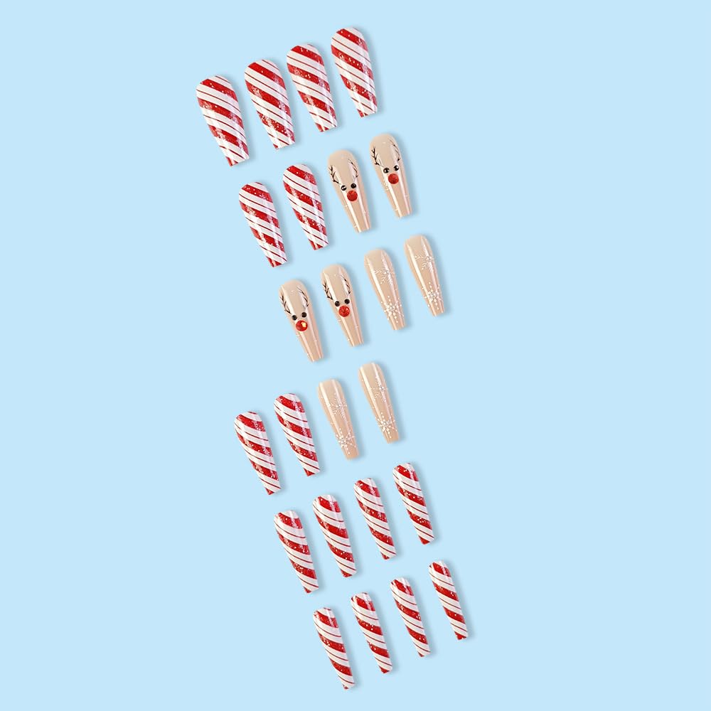 Christmas Press on Nails Long Coffin Fake Nails - Red White Swirl Snowflake Elk Design with Rhinestones & Glitter - 24Pcs Full Cover Acrylic Stick on False Nails for Women - Perfect for Holiday Parties, Gift Giving & Festive Manicures