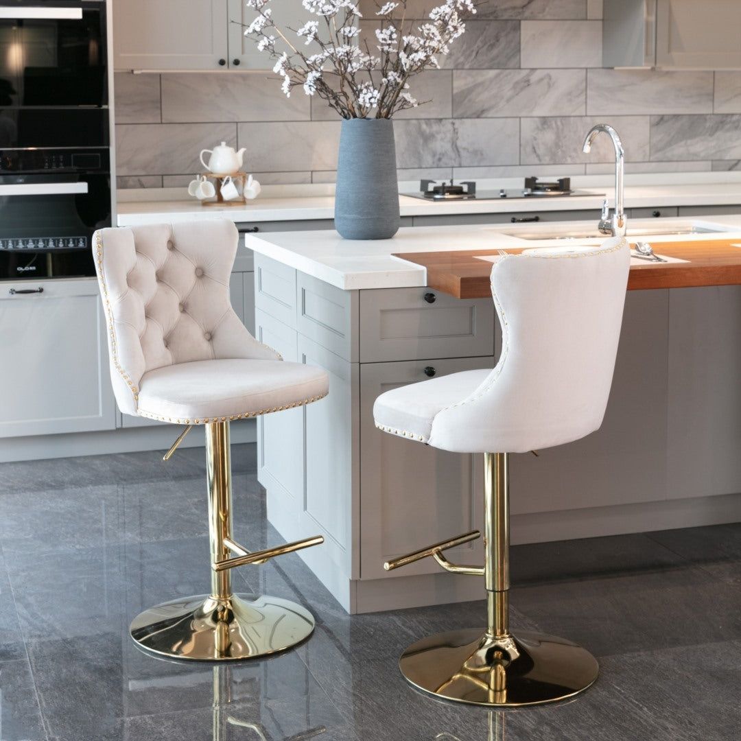 Adjustable Height Swivel Bar Stool with Footrest - Velvet Upholstery, Gold Metal Base & Studded Design - Perfect for Kitchen Islands, Home Bars & Dining Areas (Beige)