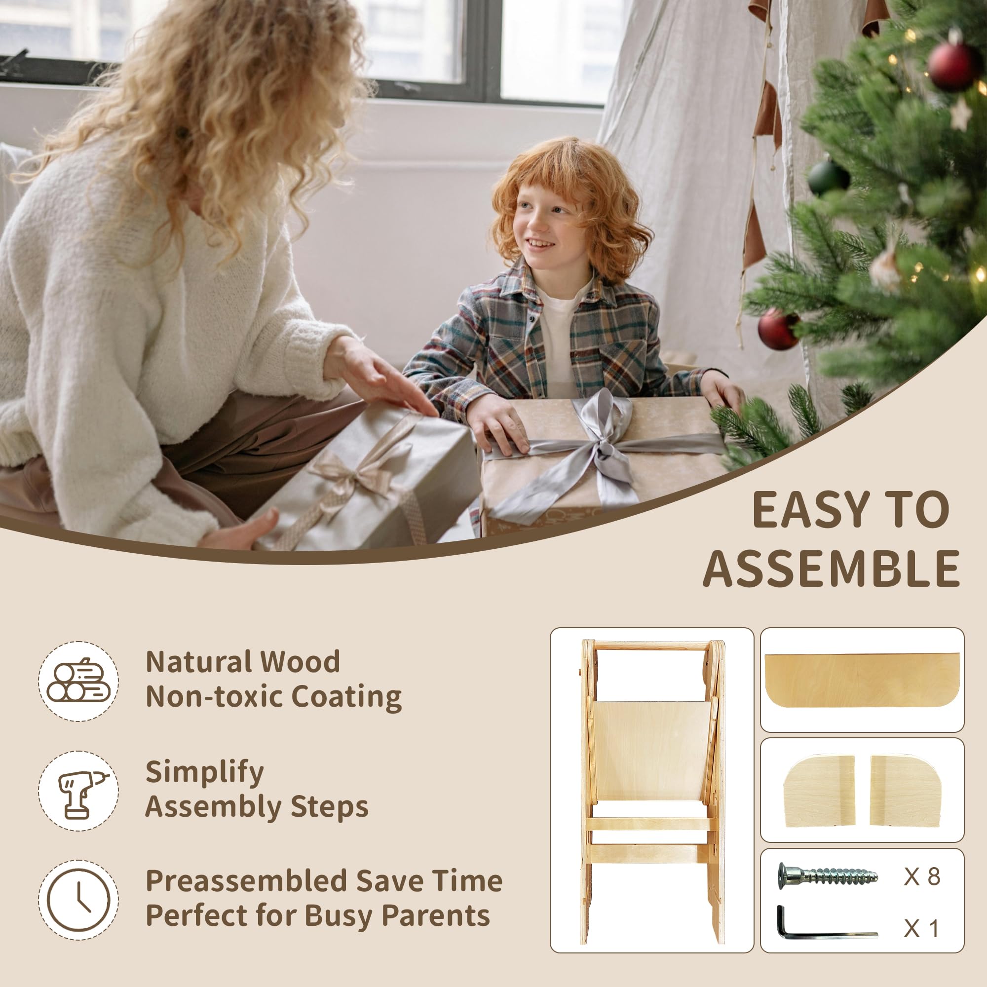 Foldable Toddler Tower - Preassembled Kitchen Step Stool with 3 Adjustable Heights | Montessori Learning Tower for Kids 1-6 Years | Collapsible Standing Stool for Baking, Cooking & Play | Natural Wood Finish