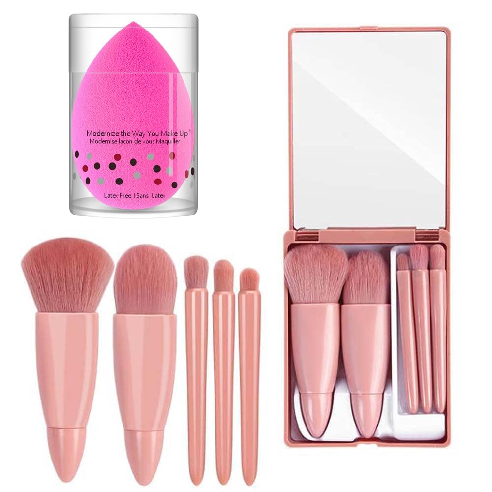 5-Piece Travel Makeup Brush Set - Mini Portable Cosmetic Brushes Kit for Eyeshadow, Powder, Foundation & Blush with Beauty Blender | Perfect for On-the-Go Makeup, Travel Essentials & Everyday Beauty Routine