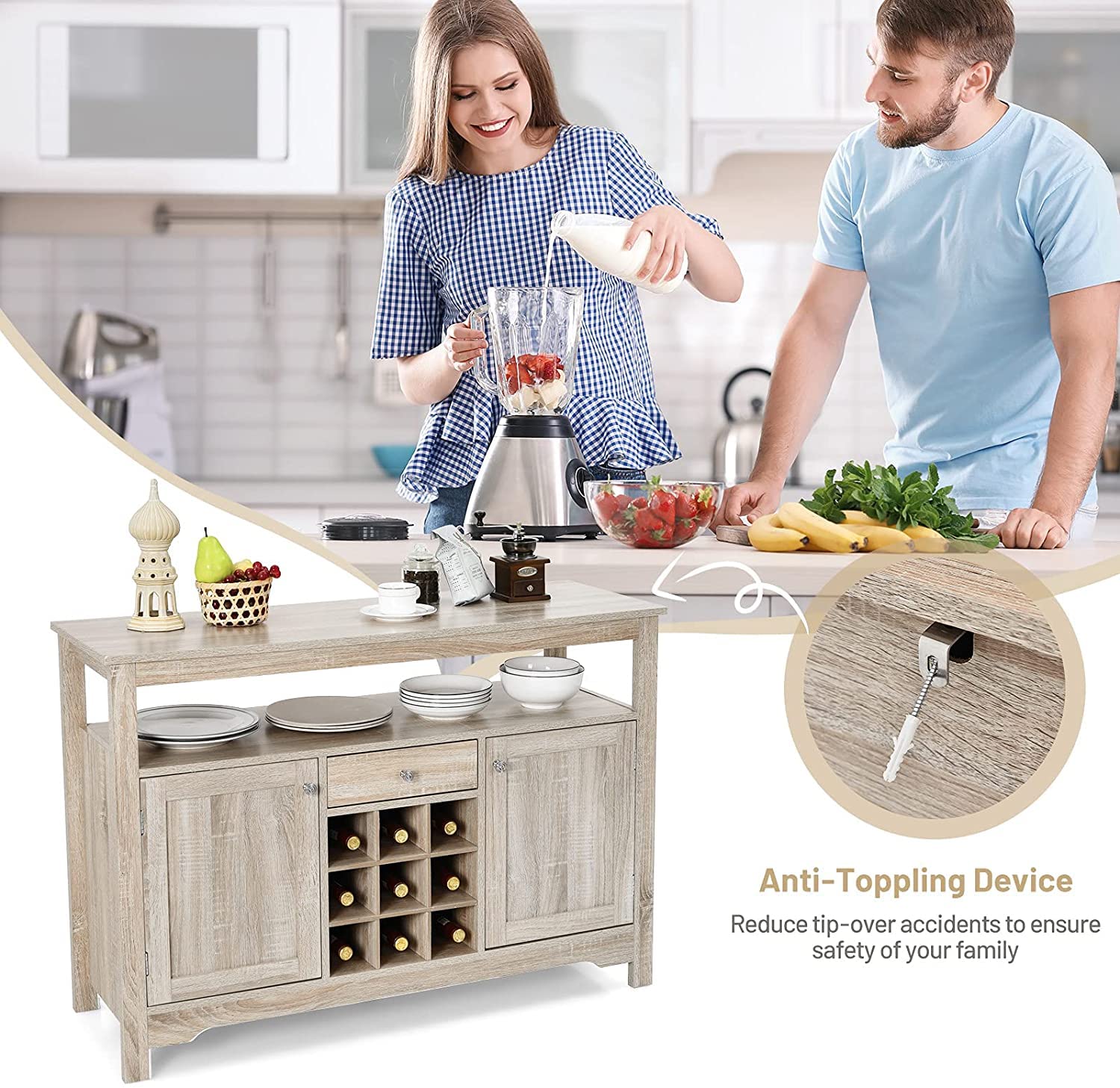 BANGTANE Buffet Kitchen Sideboard - Wooden Console Table with 2 Cabinets, Drawer, Wine Rack & Open Shelf | Storage Organizer for Living Room & Dining Room | Perfect for Home Decor & Entertaining Guests (Grey)