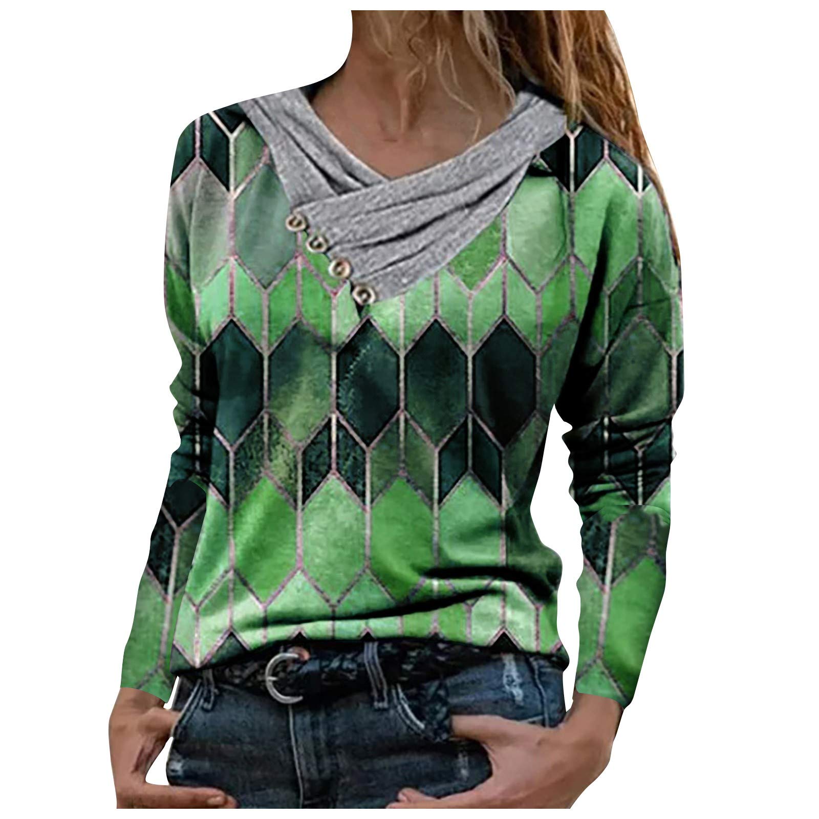 SALIFUN Women's Long Sleeve Plaid Printed V-Neck Tunic Top - Lightweight Casual Blouse Sweatshirt for Work, Fall Outfits & Everyday Wear