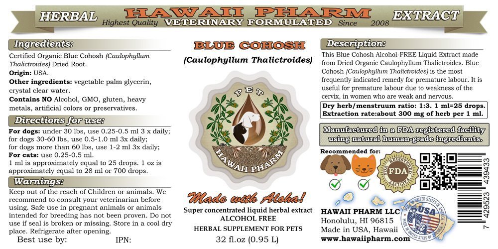 Blue Cohosh Alcohol-Free Liquid Extract for Pets - 32 oz Veterinary Herbal Supplement for Dogs & Cats - Supports Urinary & Reproductive Health - Natural Pet Remedy for Home Use