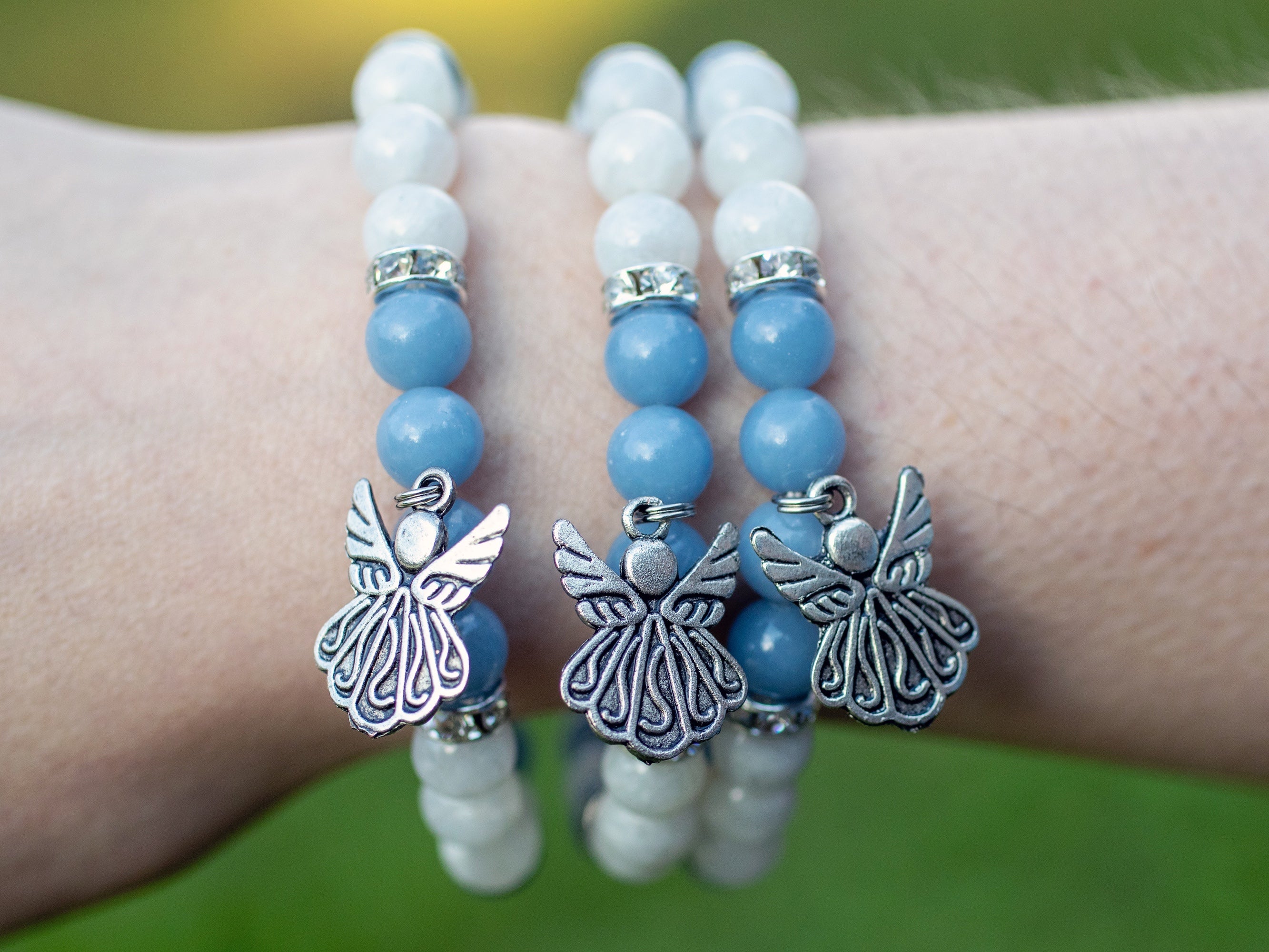 Angelite & Moonstone Crystal Bracelet - Angel Charm Beaded Bracelet with Round Beads | Handmade Healing Jewelry for Women | Spiritual Gift, Meditation & Energy Balancing Accessory (E2050)