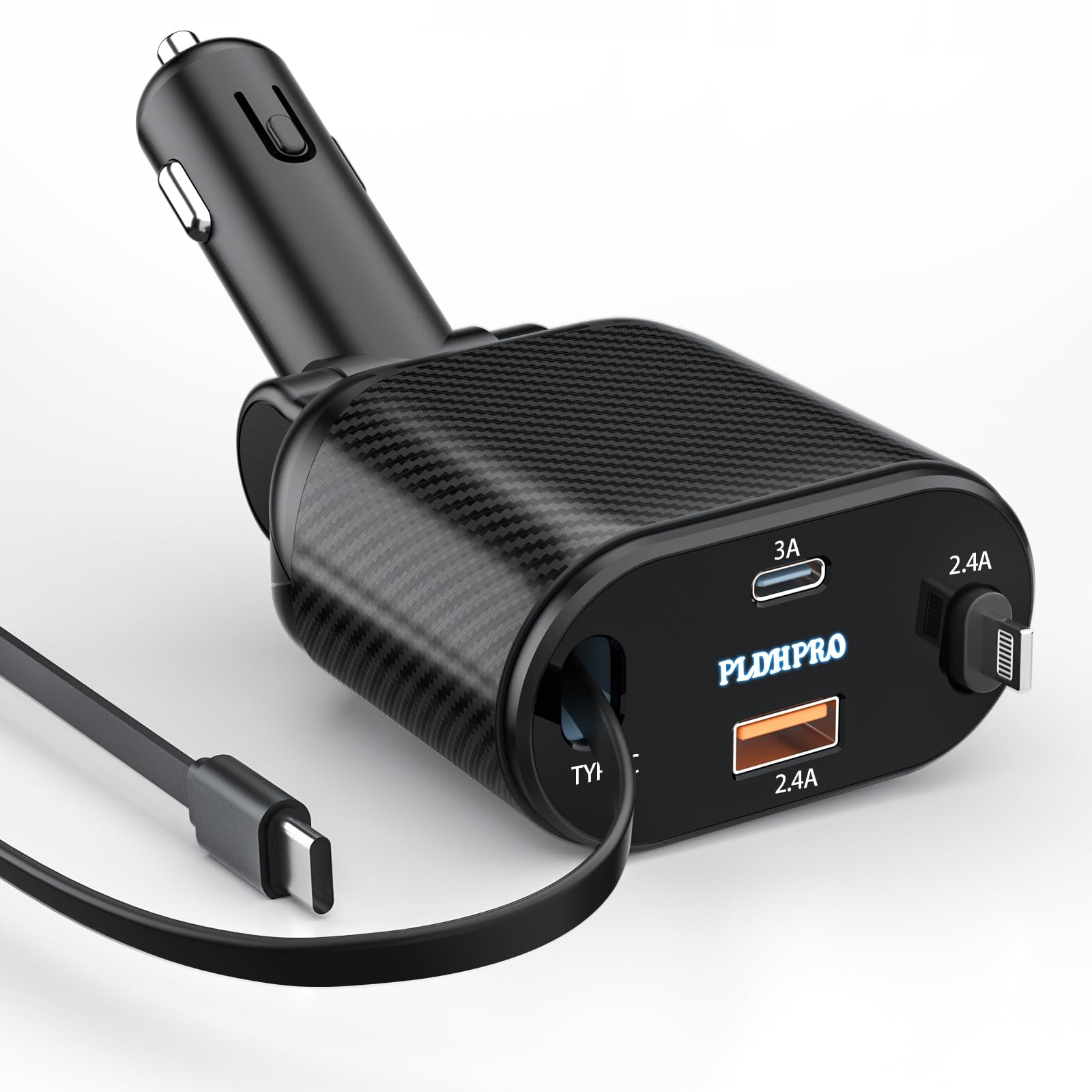 PLDHPRO 62W Fast Charging Retractable Car Charger 4-in-1 USB C Car Phone Charger Adapter with Cord - Compatible with iPhone 16/15/14/13/12/Pro/Max, iPad, Galaxy - Perfect for Road Trips, Commuting & Travel Accessories