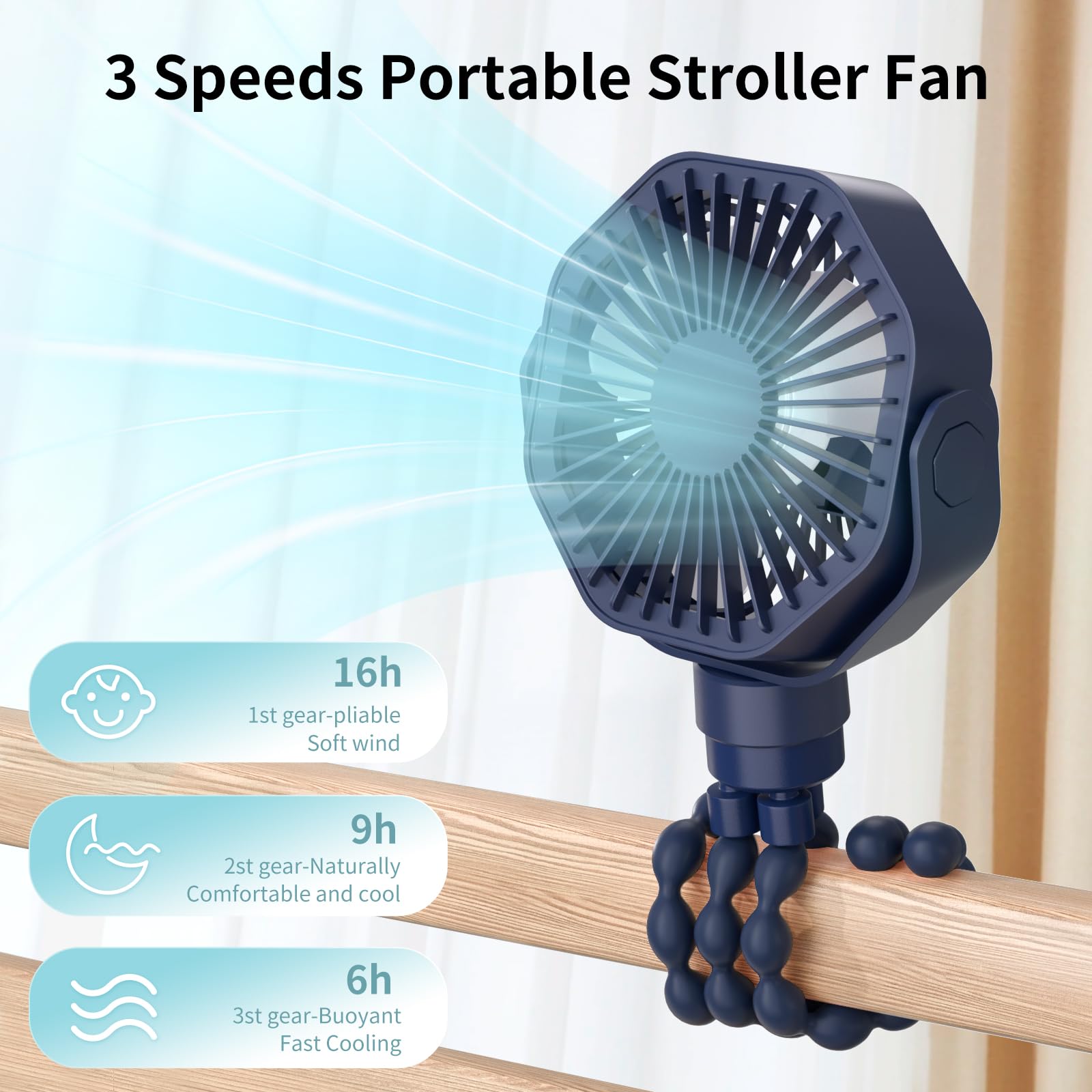 Lerat Mini Portable Stroller Fan - Rechargeable Battery Operated Clip On Fan with 3 Speed Settings, 360° Rotation & Flexible Tripod | Detachable Handheld Personal Fan for Baby Stroller, Car Seat, Crib, Bike, Treadmill & Office Desk | Green & Blue Color Options