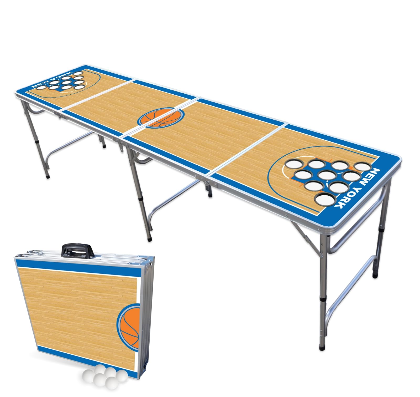 8-Foot Folding Portable Beer Pong Table with LED Lights & Optional Cup Holders - New York Basketball Court Design for Indoor/Outdoor Parties, Tailgates & Game Nights (Multiple Models Available)