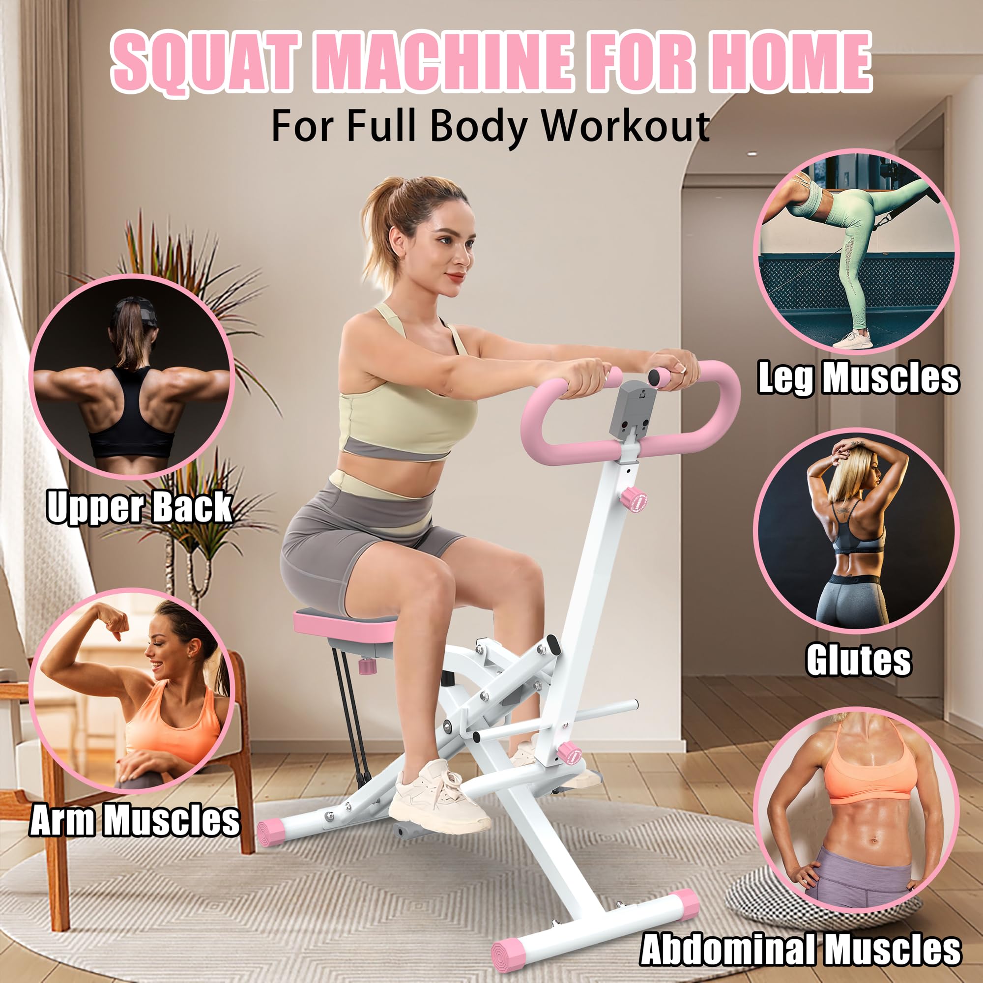 Adjustable Squat Machine for Home Gym - Row-N-Ride Squat Trainer with Resistance Bands for Glutes, Abs, Back & Legs Workout - Perfect for Strength Training & Toning at Home