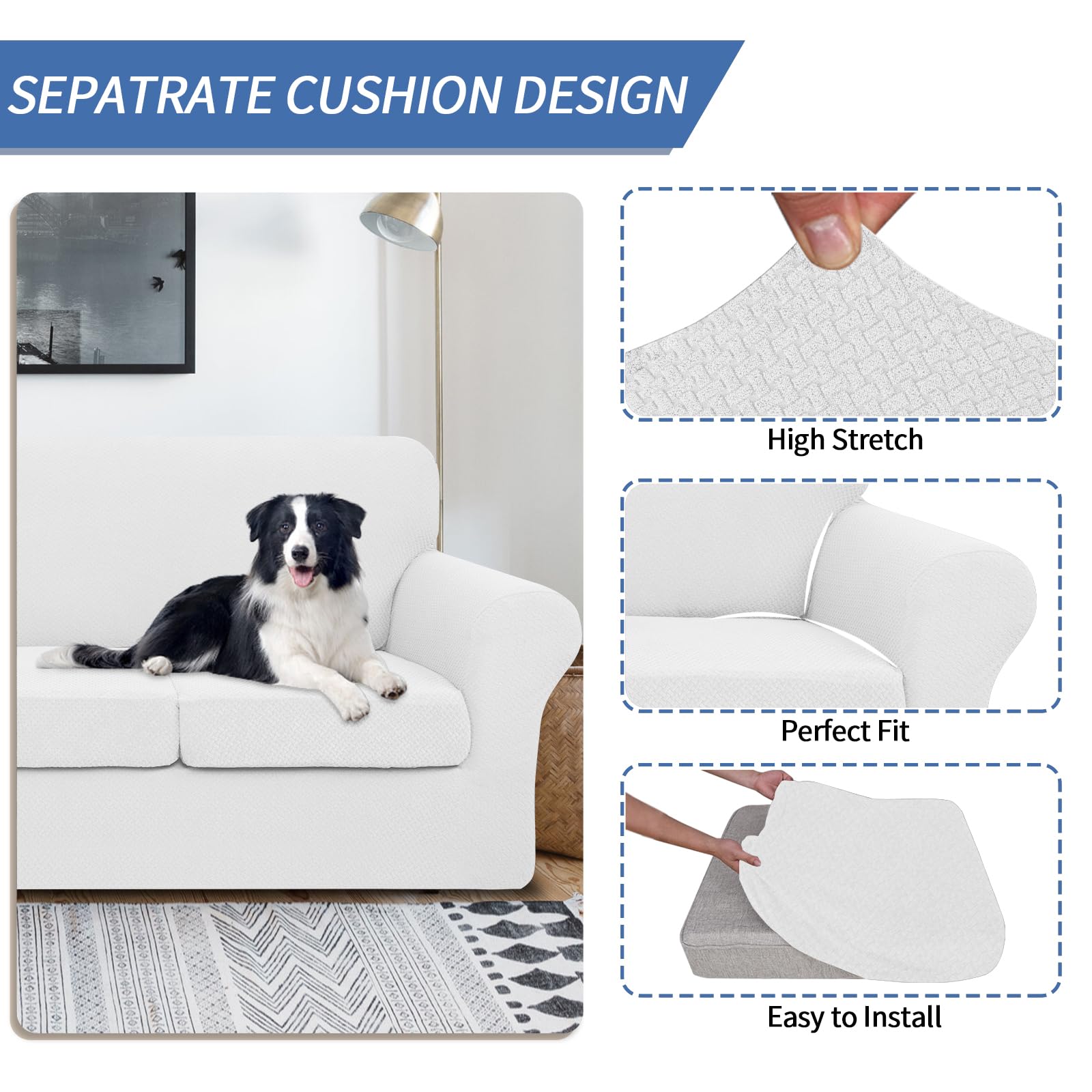 JIVINER 4-Piece Oversized Stretch Sofa Slipcover Set with 3 Extra Large Seat Cushion Covers - Thick Fitted Couch Cover for 3-Cushion Sofa in Living Room (XL, Off White) | Perfect for Home Decor, Furniture Protection & Pet-Friendly Households