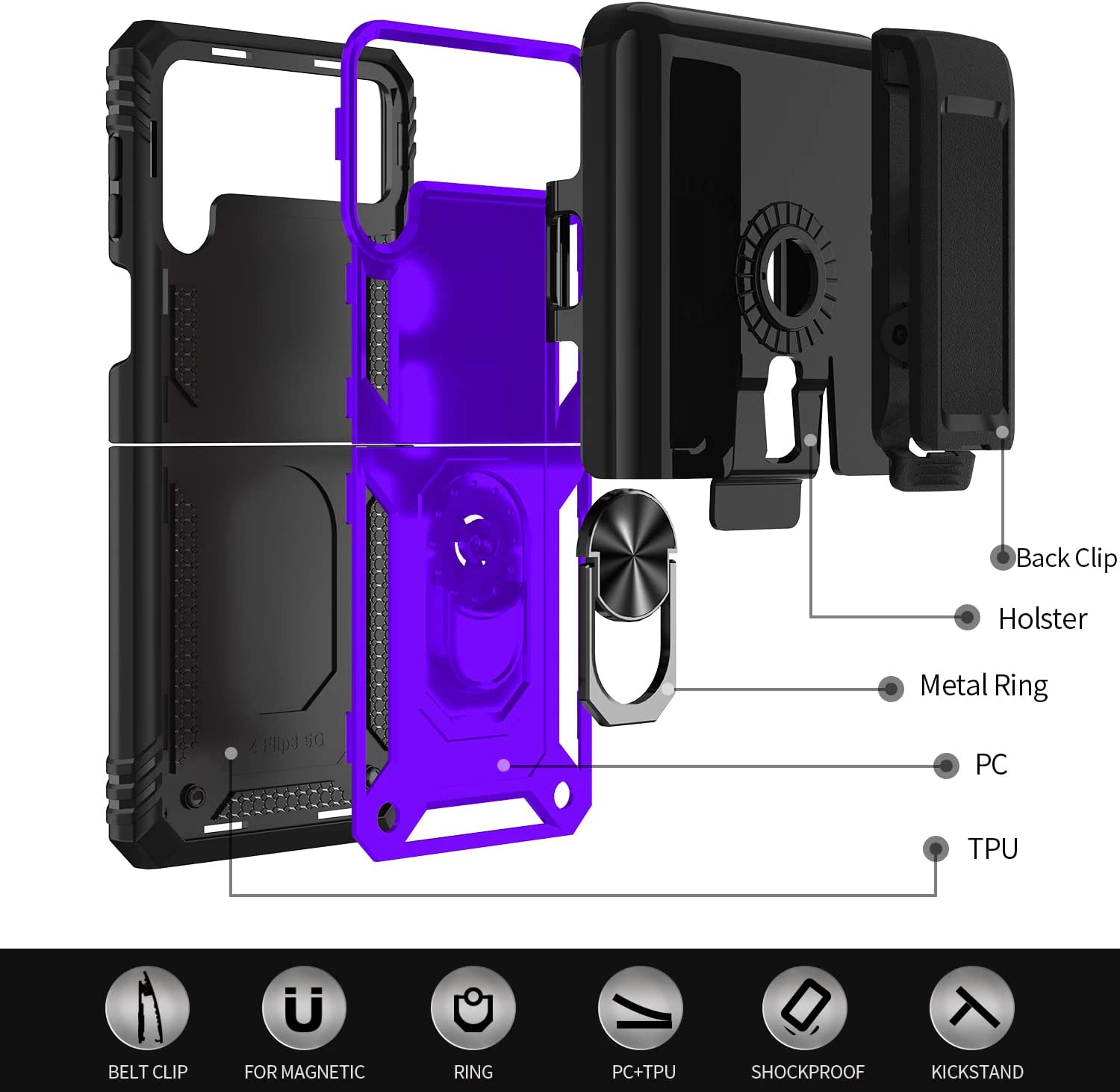 Samsung Galaxy Z Flip 4 Case with Kickstand - Heavy Duty Shockproof Protective Cover in Purple | Perfect for Work, Travel & Everyday Use