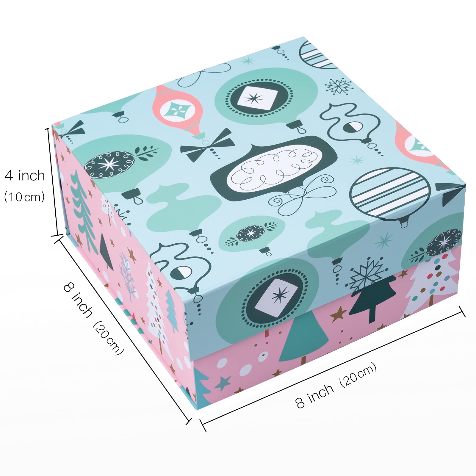 WRAPAHOLIC Christmas Gift Box with Lid - 8x8x4 Inch Pink & Blue Ornament Design Collapsible Box with Magnetic Closure & 2 Tissue Papers | Holiday Present Wrapping, Party Favors, Wedding Decorations
