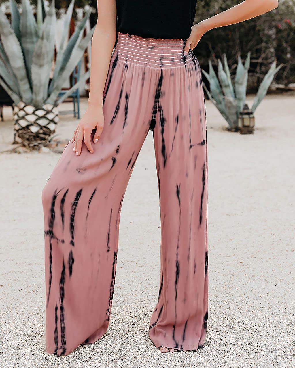 Plustrong Women's Wide Leg Boho Pants - Smock Waist Yoga Palazzo Trousers for Summer & Beach Wear | Perfect for Yoga, Vacation & Boho Fashion Outfits
