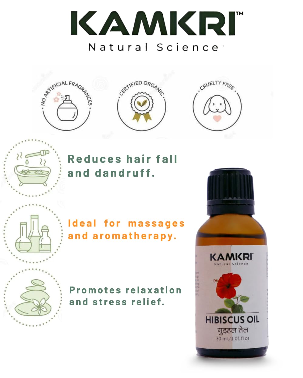 KAMKRI Hibiscus Oil for Hair & Skin - Natural Organic Cold Pressed Hair Growth & Moisturizing Treatment - Perfect for Dry Scalp, Frizzy Hair & Dull Skin Care