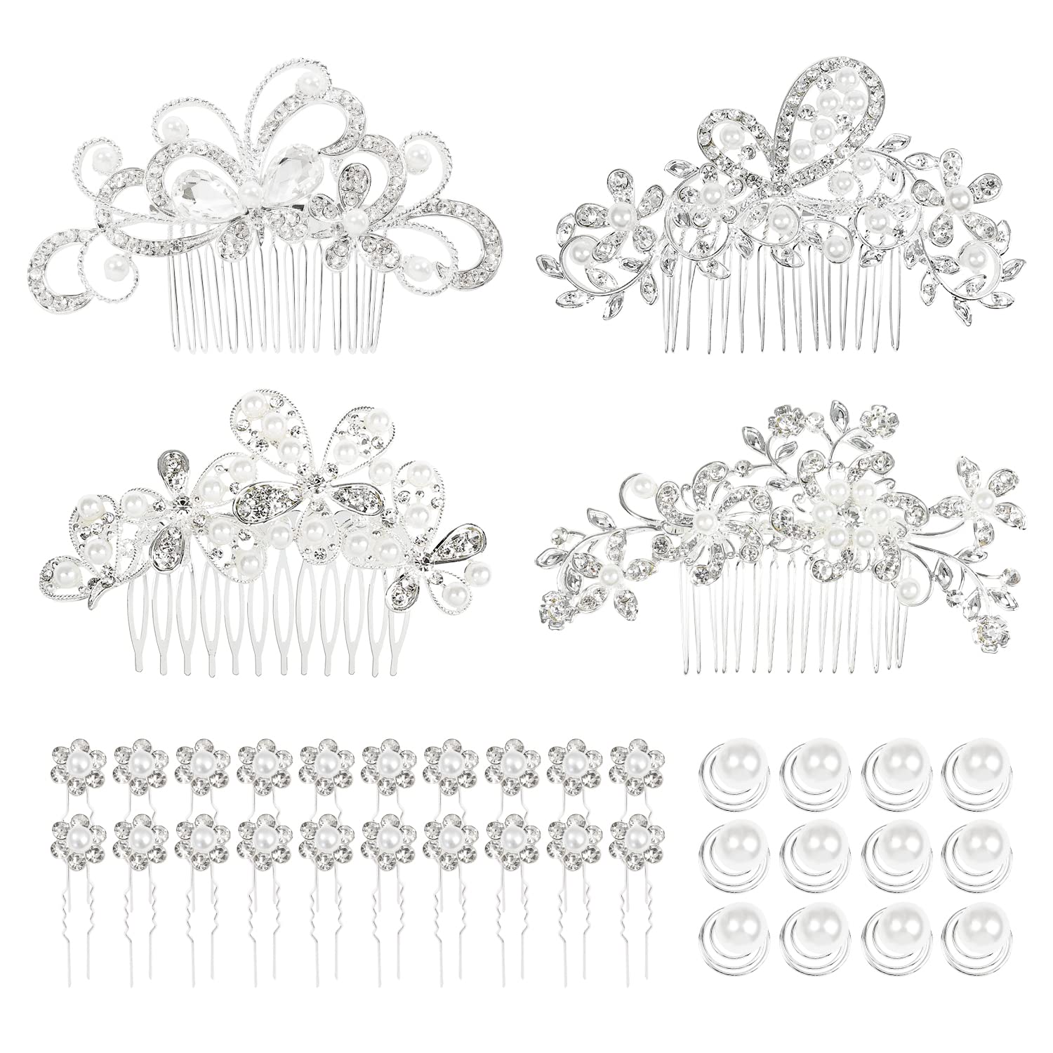 Sparkly Silver Rhinestone Pearl Hair Combs & Pins - 36 Pack Bridal Hair Accessories Set for Women, Girls, Brides & Bridesmaids | Wedding, Prom, Party, Special Occasion Hairstyle Decorations