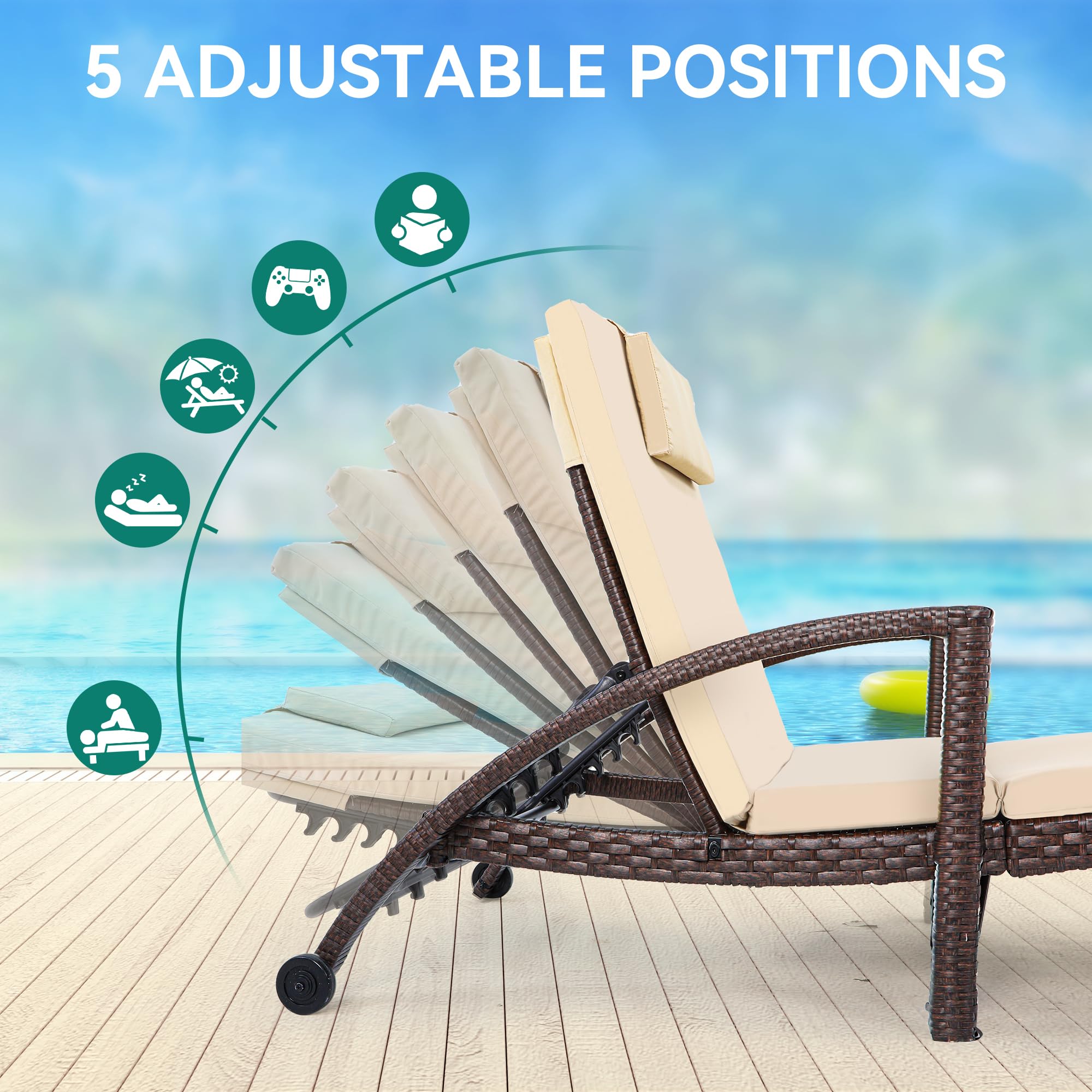 YITAHOME 2-Piece Wicker Chaise Lounge Set with Adjustable 5-Position Backrest, Armrests, Cushions & Headrest - Outdoor Poolside Patio Furniture for Backyard, Garden, Beach & Resort Relaxation