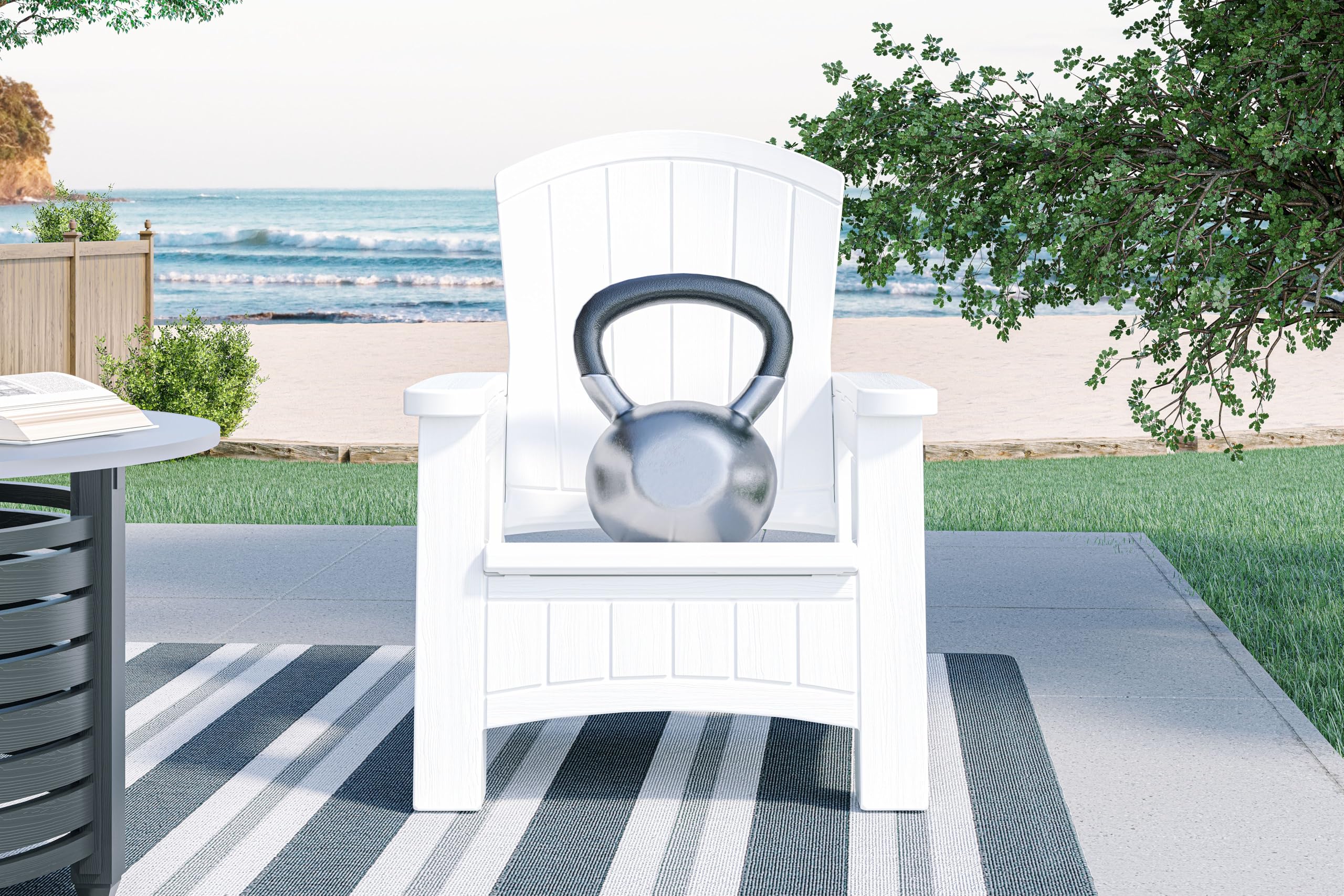 Suncast UV-Resistant White Adirondack Patio Chair with Built-in Seat Storage - Durable Outdoor Furniture for Backyard, Garden, Poolside & Deck Relaxation