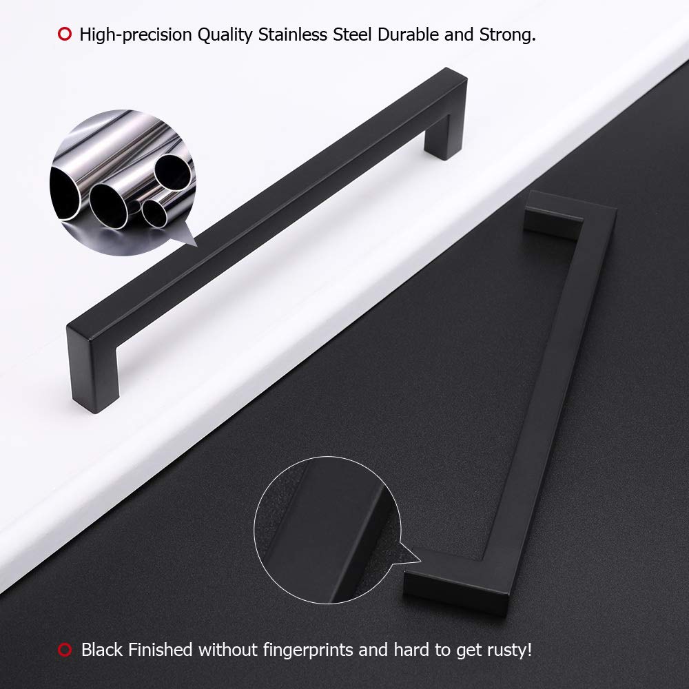 HomDIY 1 Pack Solid Square Bar Cabinet Handle - Black Modern Furniture Pulls for Kitchen, Bathroom & Bedroom (7-1/2in Hole Centers, HDJ12BK) - Durable Cabinet Hardware for Drawers & Cabinets