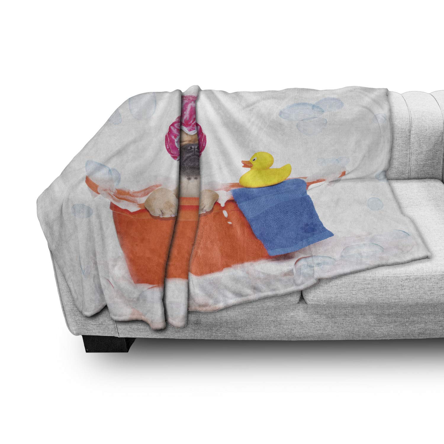Ambesonne French Bulldog Bath Time Throw Blanket - Soft Flannel Fleece Dog Lover Blanket with Rubber Duck Design, 50