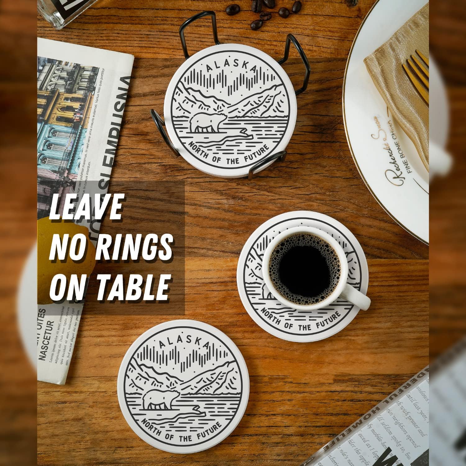 Onebttl Alaska Themed Coasters Set of 6 - Absorbent Ceramic Drink Coasters with Cork Base - Perfect Travel Souvenir, Homesick Gift, Housewarming Present for Women - Ideal for Coffee Tables, Office Desks & Home Decor